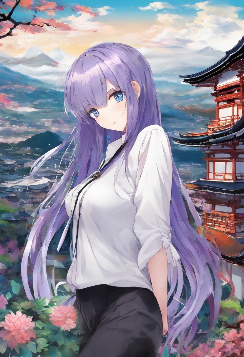 1girl, long purple hair, blue eyes, cut out white blouse, Lipo black pants, village, absurdres, high res, ultrasharp, 8K, masterpiece, looking at viewer