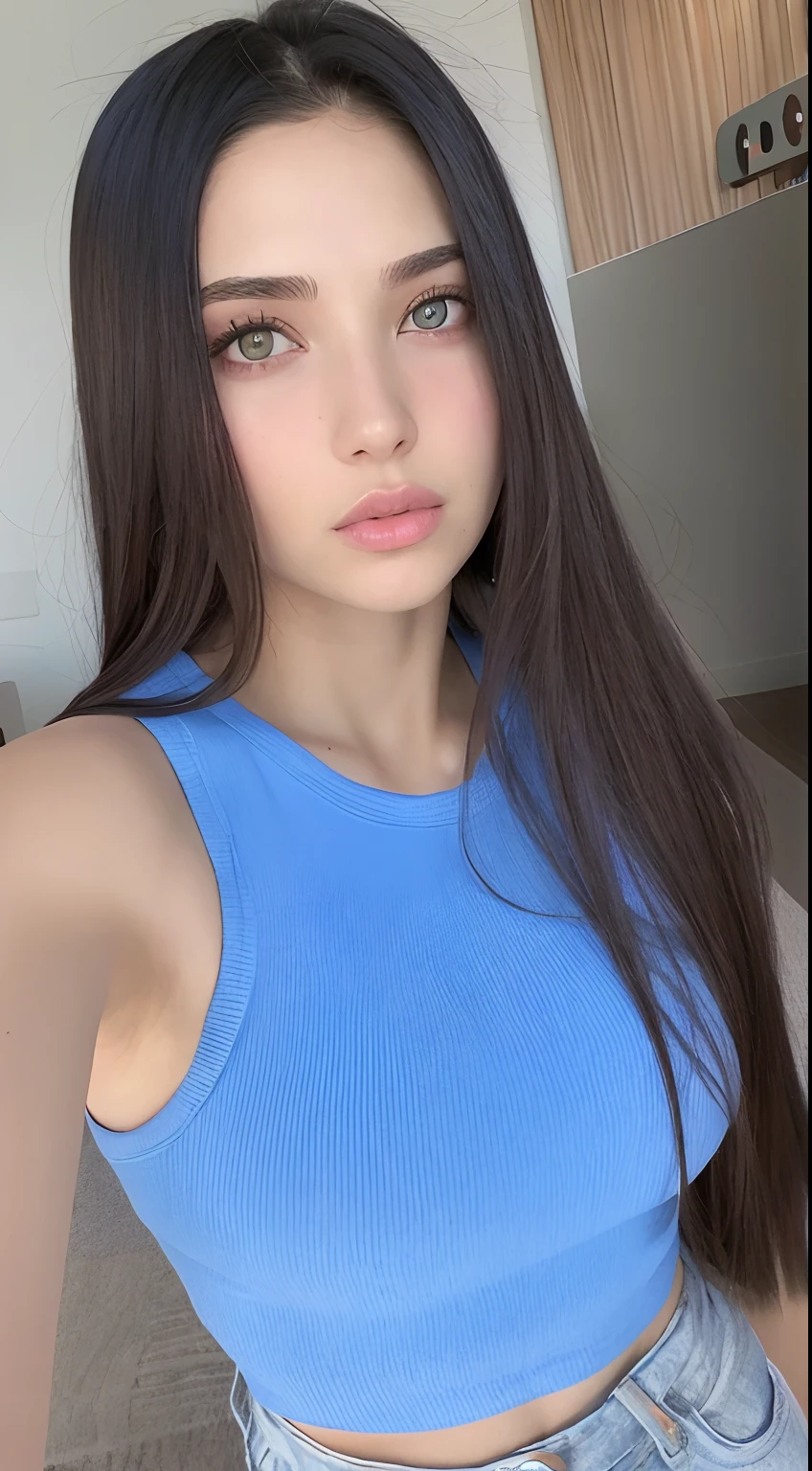 arafed woman with long hair wearing a blue top and jeans, portrait sophie mudd, 2 4 year old female model, 18 years old, violet myers, instagram model, blue tight tshirt, anna nikonova aka newmilky, viktoria gavrilenko, gorgeous latina face, perfect face ), anastasia ovchinnikova, with blue skin, 21 years old