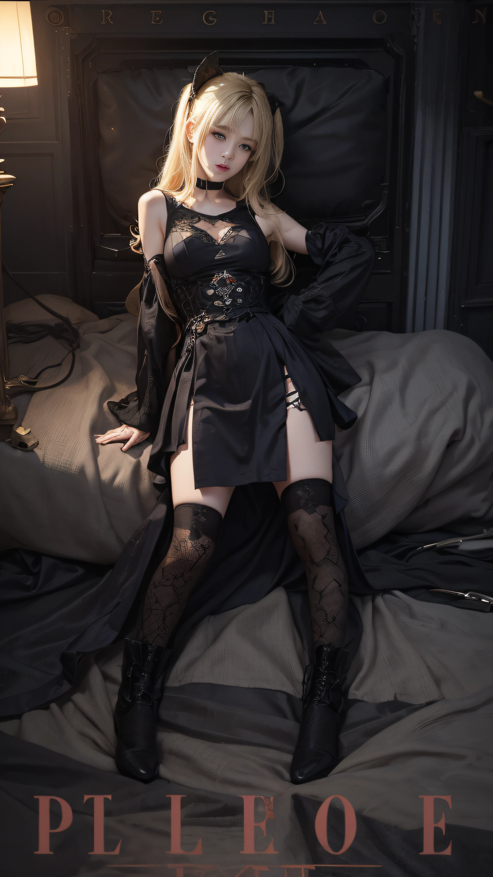 misa amane, Death, Blonde, Twin tail hair, Black Ribon, gothic dress, Short skirt, no sleeves, 1girll,(Captivating quality:1.4),(True textured skins of the highest quality), Delicate face,Black hair, Gradient Hair, petite body,(perfect bodies:1.1), There is a jewel on the forehead, rimless eyewear, PUPILS SPARKLING,long eyelasher,grin, hyperphotorealism, Cinematic lighting, projected inset, surrealism, hyper HD, masutepiece, 16 K,Lie down,Dream On,Please wear clear silk pajamas,Carmelto,legs slightly open,tattooed,Fantasy space,Luxurious space