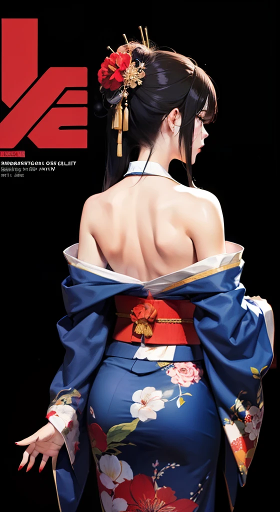 (masterpiece, best quality:1.4), illustrations, (solo:1.2), (original), (very detailed wallpaper), photographic reality, (ultra detailed:1.4), (super complex details), (Magazine cover girl:1.3), (black hair), adorned with (red flower:1.2) accents, specifically (spider lilies:1.2). Their long hair cascades from behind, complementing the simple, black background. They are dressed in a captivating black kimono with a (floral print:1.2), featuring long sleeves and a see-through print kimono. The subject has (red nails:1.1) and wears nail polish, exuding elegance in their Japanese clothes, including an obi sash. They are facing away, showcasing a self-hug pose with crossed arms and a (cowboy shot:1.1) composition, revealing their nape. The cover should include an (artist signature:1.1), and (light particles:1.1) should add a touch of magic to the scene. The overall style should be sophisticated and enchanting, with a focus on traditional Japanese fashion, and the kimono being the centerpiece.
