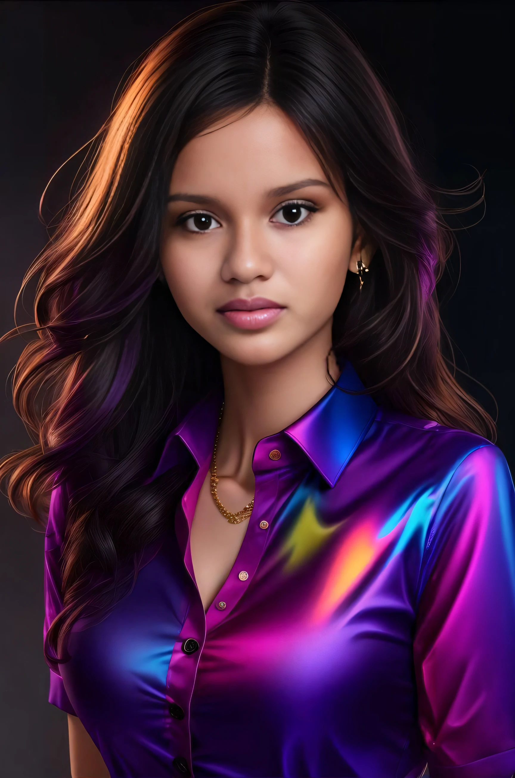 uma mulher de camisa roxa posando para uma foto, pintura digital brilhante, estilo de arte fotorrealista, pintura digital fotorrealista, cores fotorrealistas, estilo de arte fotorrealista, foto colorida hiper realista, retrato colorido detalhado, pintura digital realista, realistic studio portrait, fotorrealista!!!!!!! estilo de arte, retrato colorido, lindo pintura digital, 8k portrait render, retrato de alta qualidade
