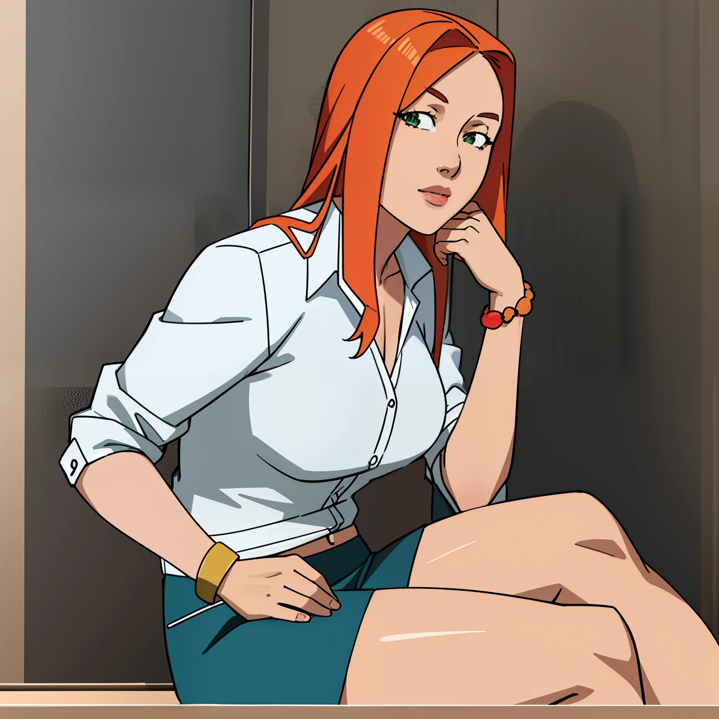 Invincible, masterpiece, best quality, 1girl, solo, orange hair,green eyes,lookind at viewer,bracelet, sitting,anime coloring,