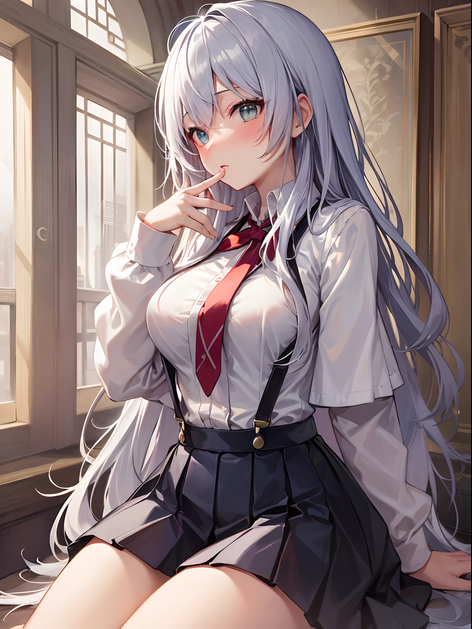 Best Quality, ultra-detailliert, Illustration, silber hair, Aimei，The long-haired，cute  face，beutiful breast，turned around，Suspender Skirt，long-sleeve，Dark blue skirt，neck tie，Close，Angle to show off breasts，finely detail，Perfect fingers，Low exposure，long-sleeve，leaning down，red blush，embarrassed from，Bring your face closer，One-person viewpoint，