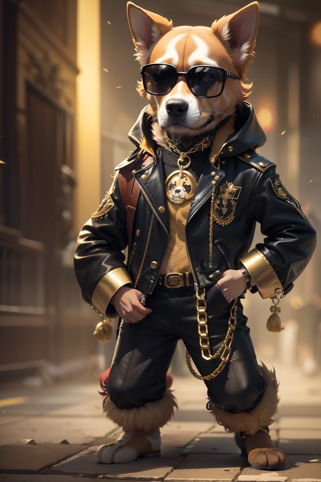 tmasterpiece:(anthropomorphic dog,It's a rock star and a bassist),wears dark glasses,Wear a large gold chain,Fashionable outfits。Motion capture。