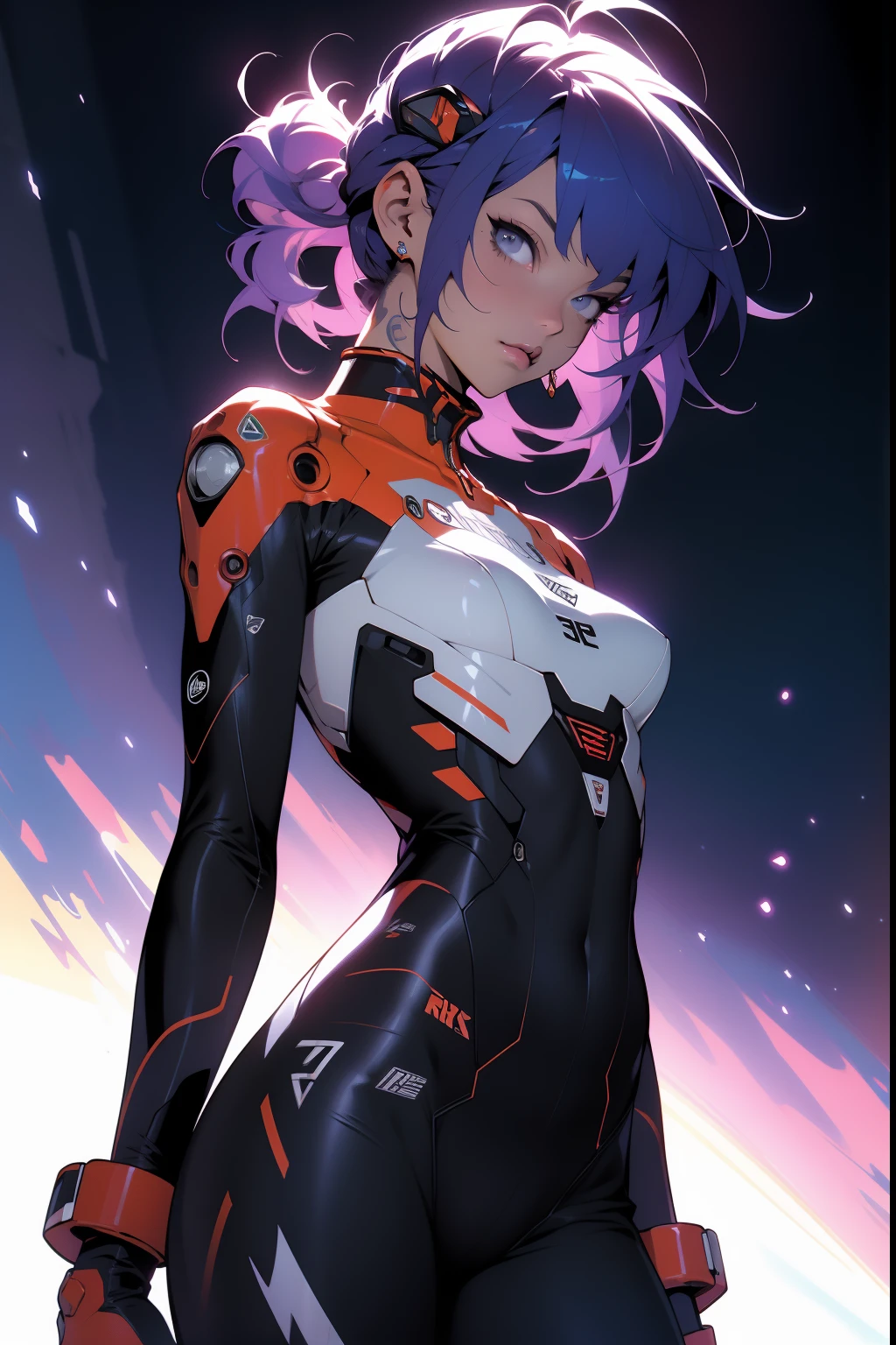 ((Best Quality)), ((masutepiece)), (Detailed: 1.4), (Absurd), paper, colorful line art, Perfect face, Hot latin female fighter pilot ready for war, Dark skin, lightning and lightning, defined muscular sculptural body, Wolverine mask, (((Full body))), Naked half-thick thighs, Closed mouth, muscular body covered in purple tech clothing, Neon Genesis Evangelion style, Cyberpunk, generous neckline, ((Perfect small breasts)),  ((totally purple clothing with golden rays)), (((short dark purple straight hair)))), Long black eyelashes dark makeup, niji --V5, close to real, psychopath, Crazy face, Sexy Pose, red and white background, 2 pieces clothing, Centered, scale to fit the dimensions, nffsw (High dynamic range),Ray tracing,NVIDIA RTX,Hyper-Resolution,Unreal 5,Subsurface Dispersion,  PBR Texture, Post-processing, Anisotropy Filtering, depth of fields, Maximum clarity and sharpness, Multilayer textures, Albedo and specular maps, Surface Shading, accurate simulation of light and material interactions, Perfect proportions, Octane Render, Two-tone lighting, Wide aperture, Low ISO, White Balance, thirds rule, 8K Raw, Crysisnanosuit,have a sword