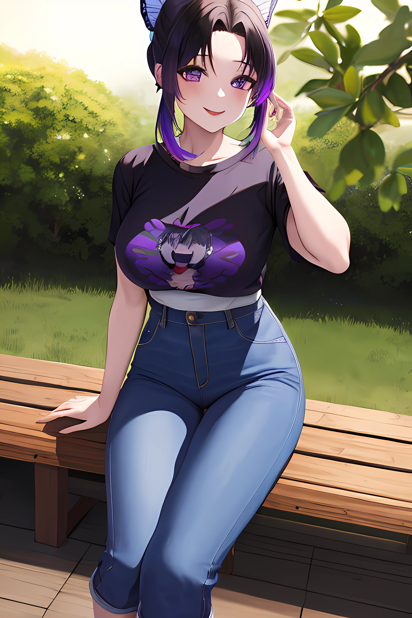 masterpiece, best quality, highres, 1girl, solo, kochou shinobu, butterfly hair ornament, purple eyes, multicolored hair, short hair, parted bangs, jeans, t-shirt, round neck, sitting, bench, outdoors, smile,