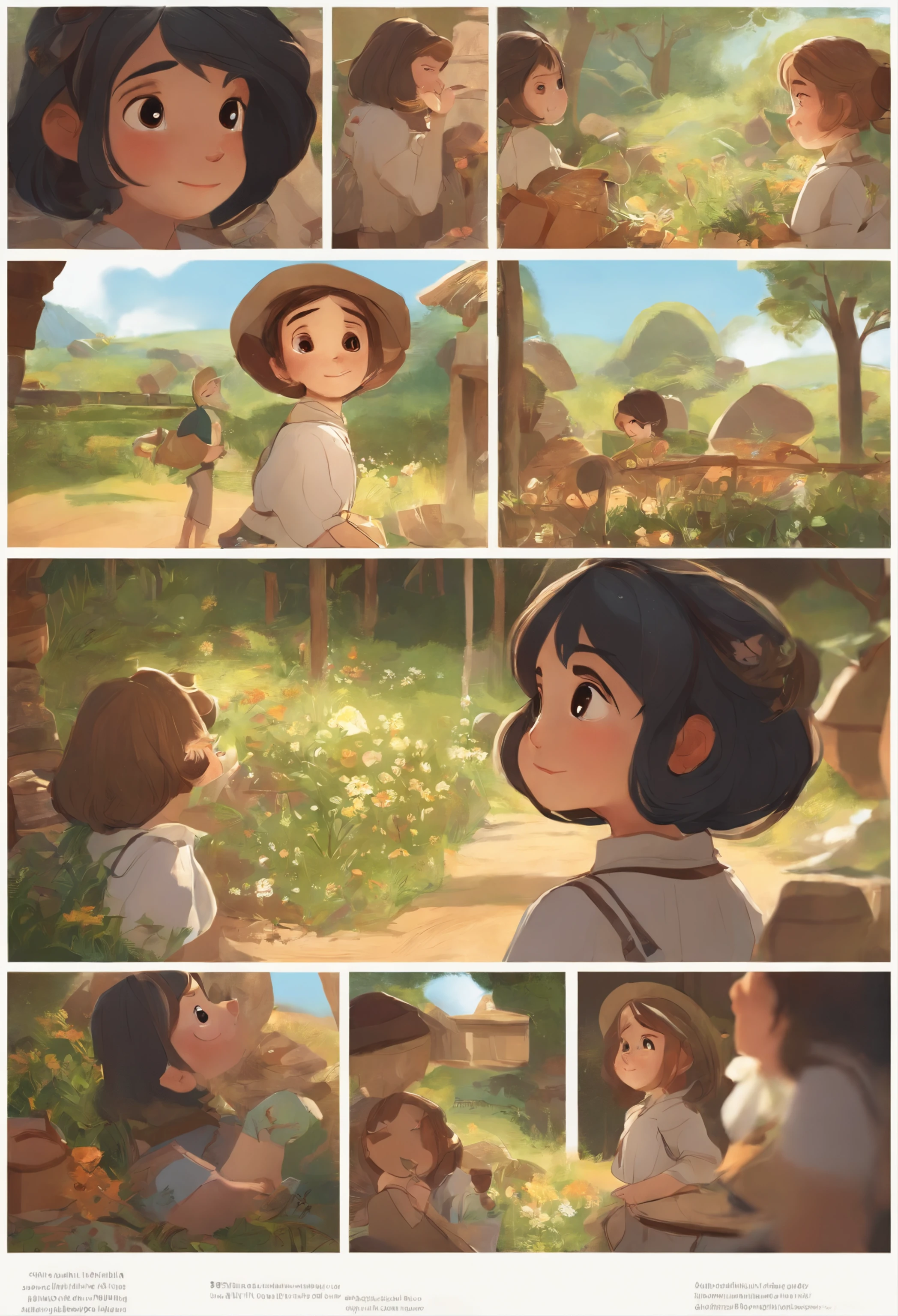 cute girl,different angle, character sheet, Ghibli style, chialdrens book, illustration, 16:9