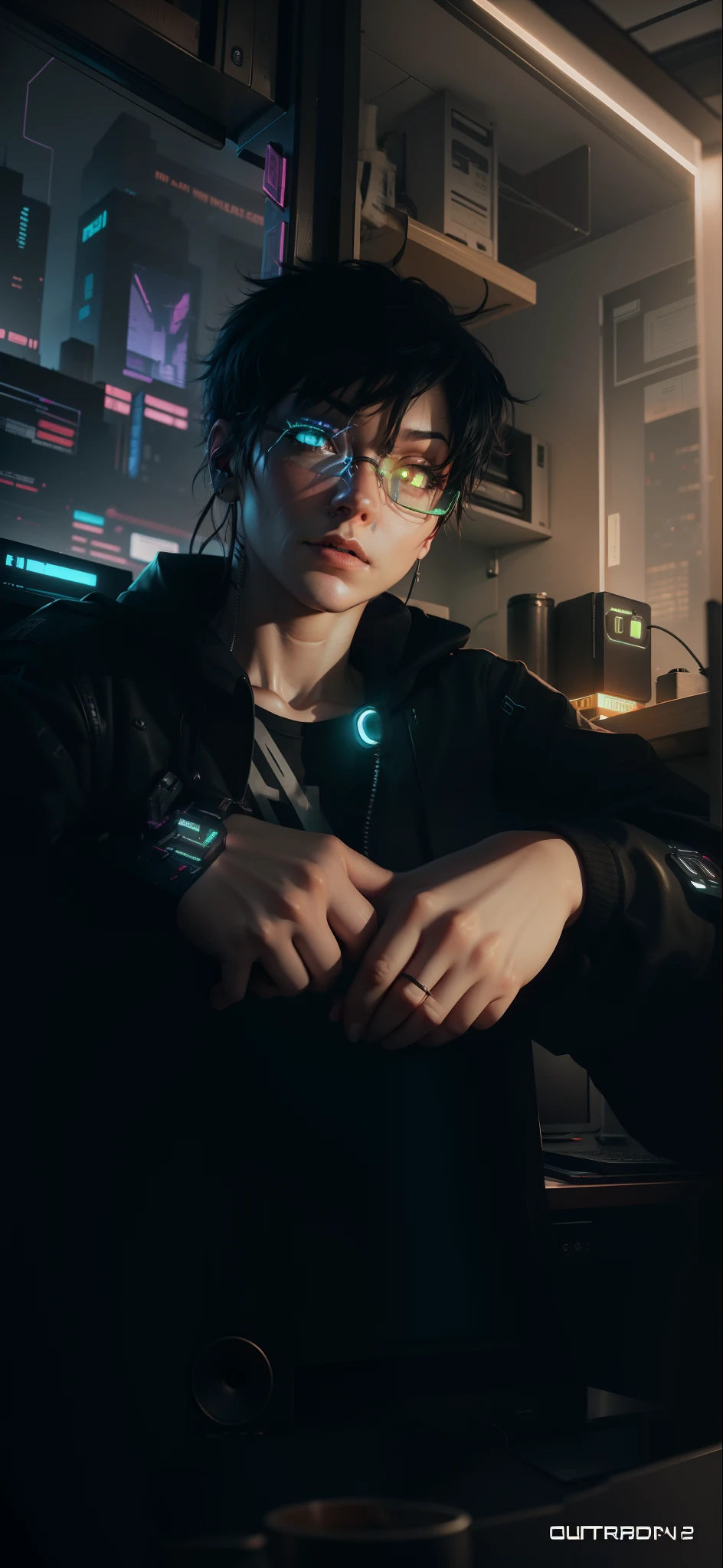 There is a computer desk with a monitor, Speakers & monitor, cyberpunk setting, cyberpunk atmosphere, Cyberpunk lighting, Cyberpunk interior, Cyberpunk bedroom at night, 3 d render beeple, In the room, Made in the style of cyberpunk, cyberpunk atmosphere, Bedroom for teenagers in cyberpunk style, cyberpunk with neon lighting, Cyberpunk Apartment, hyper realistic cyberpunk style, Muted cyberpunk style, Cyberpunk apartment, The door, Books, houseplants, The city outside the window