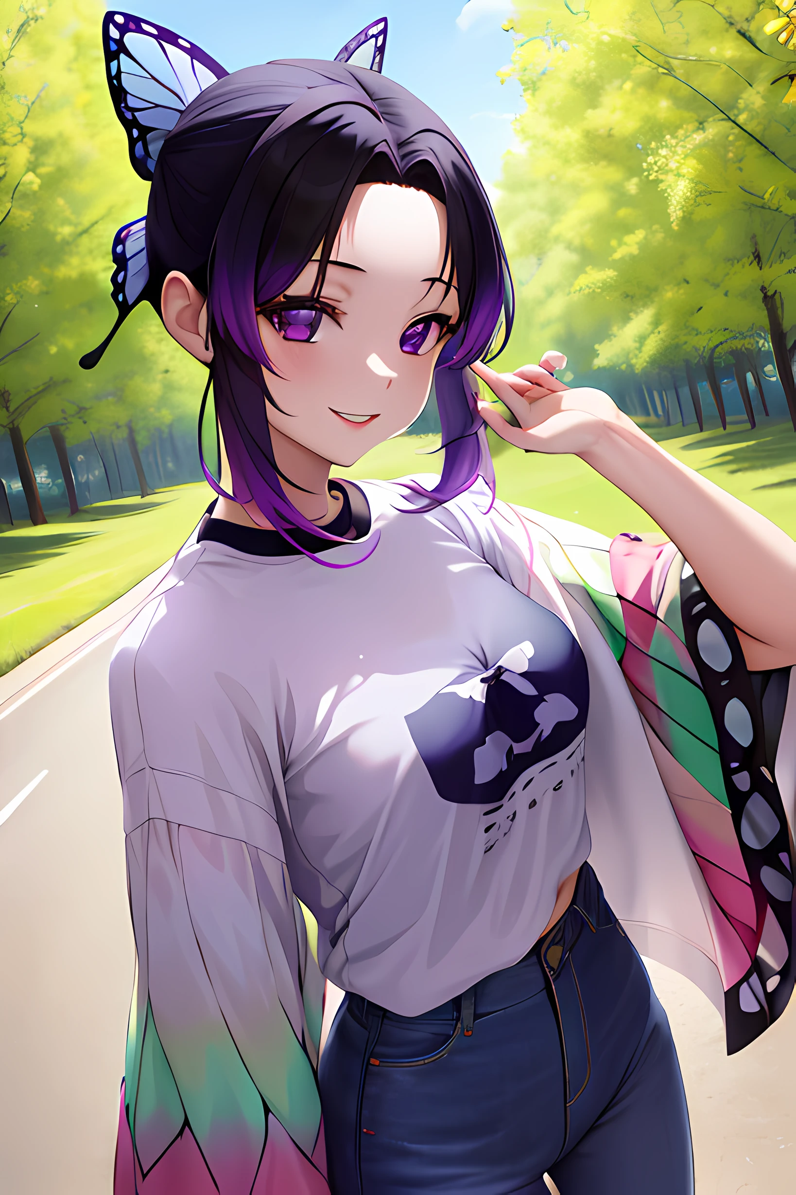 masterpiece, best quality, highres, 1girl, solo, kochou shinobu, butterfly hair ornament, purple eyes, multicolored hair, short hair, parted bangs, small breast, jeans, t-shirt, round neck, camera upper side, close-up, outdoors, smile