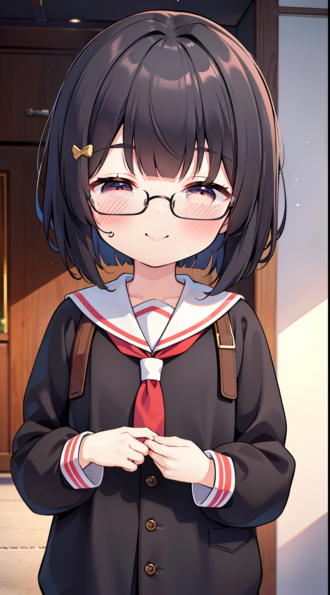(masutepiece, Best Quality, Capture super cute moments, depth of fields, ultra-detailliert, Ultra High Resolution, C4D, Octadale, 3D Modeling, 8K, 16 K, one girls、a junior high school student、A dark-haired、short-hair、straight haired, Close eyes,hair adornments、wearing black glasses、Smile Face),School uniform