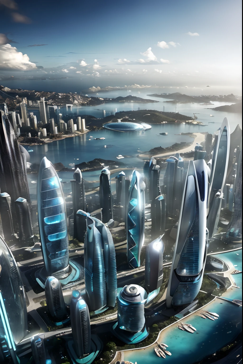 ((obra-prima, melhor qualidade)),  a futuristic 8k underwater city, estilo de arquitetura moderna, foto realista, foto hiper detalhada, sky clear, cidade arruinada, cyberpunk, chuva