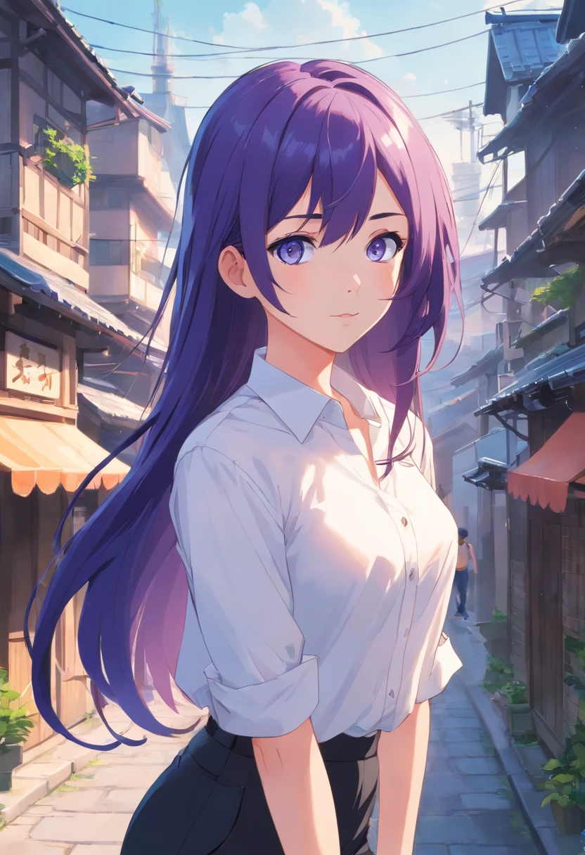 1girl, long purple hair, blue eyes, white blouse, black pants, village, absurdres, high res, ultrasharp, 8K, masterpiece, looking at viewer