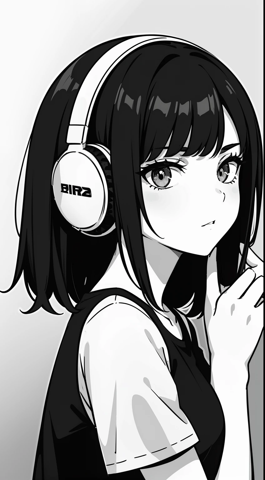 Girl, side portrait, black and white, Messy Short Hair, Spicy accessories,Sporty style, Casual T-shirt, Confident gaze, Monochrome color scheme, looking at the side, Chic street fashion, Sloppy hands in pockets posing,cap,((person)),Over-ear headphones, Large ear pads,Luxurious long hair