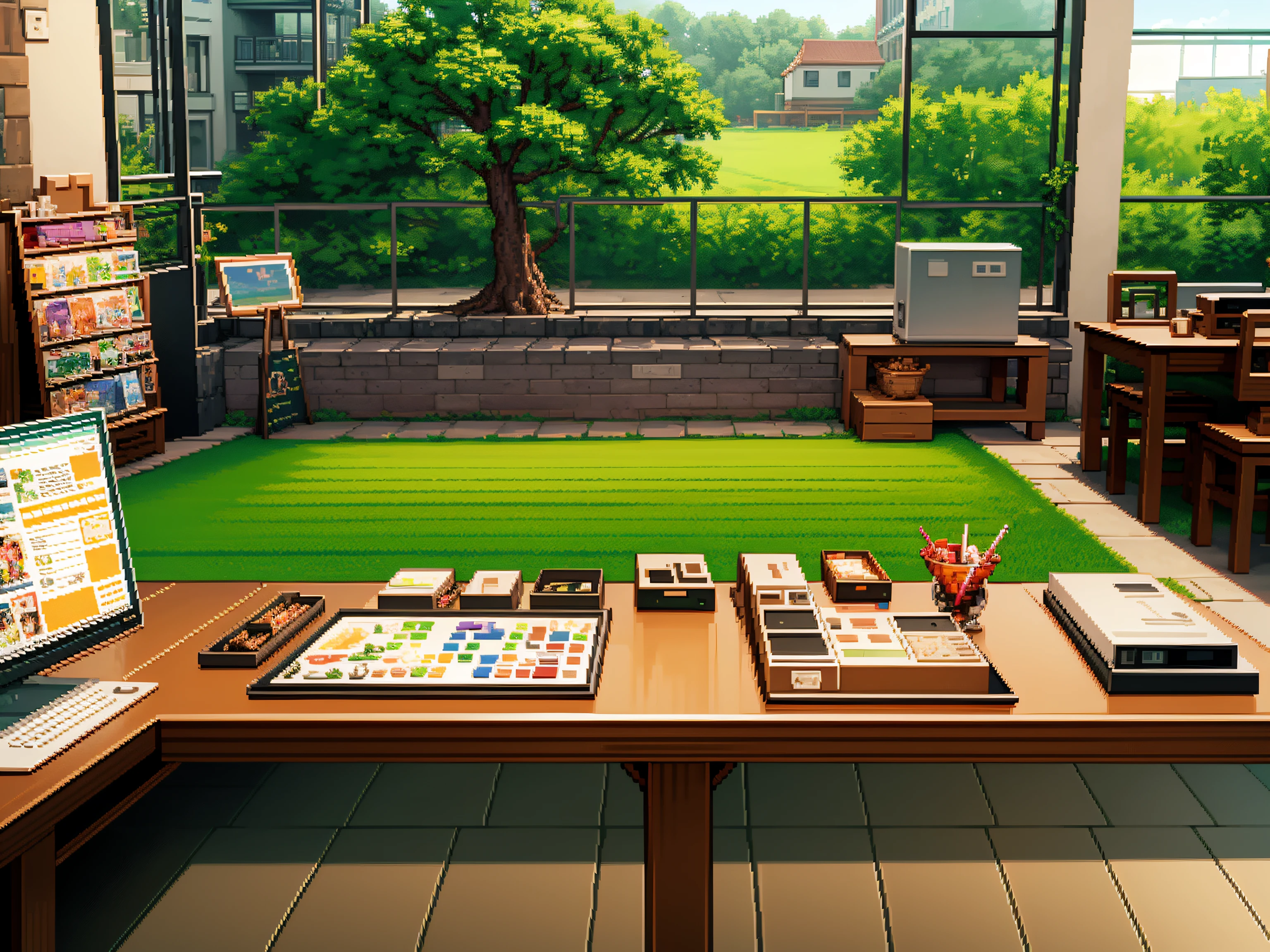 Pixel art,16bit, 24colors, pixelated game screens, 1girl, green short hair, red glasses, cute atmosphere, children's games, Casual games, fusion puzzle games,