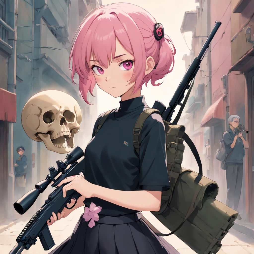handsome girl, short pink hair, tied in ponytails, black undershirt, blackskirt, pink eyes, Sniper rifle in hand, Skull Mask