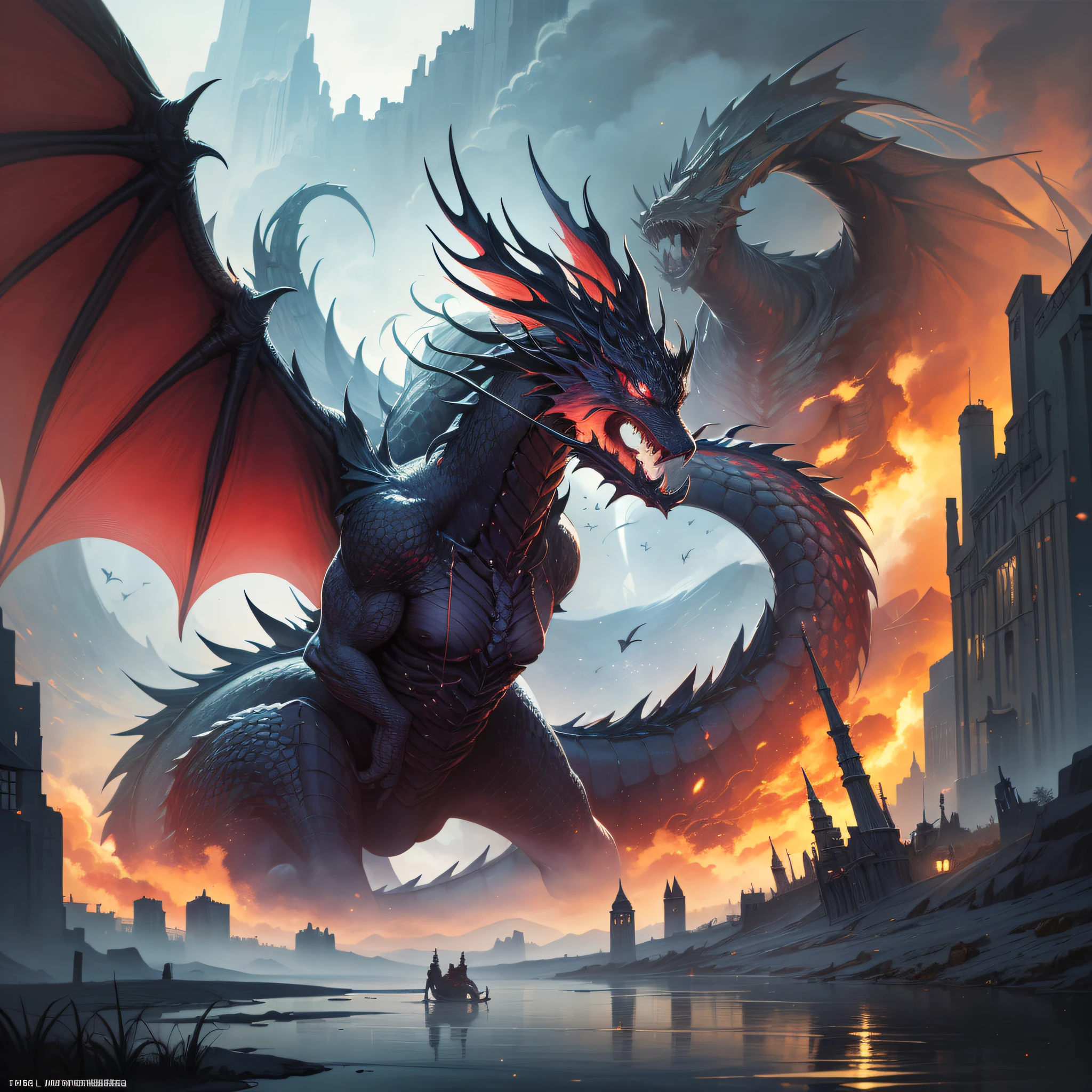((Finest quality)),(超A high resolution),(ultra-detailliert),((Best Anime)),sharpnes,Vivid:1.1,The art of astounding depiction,Fantasyart,Fantastic background,Sunlight, (femele),Big lake,The dragon,Suspended light particles