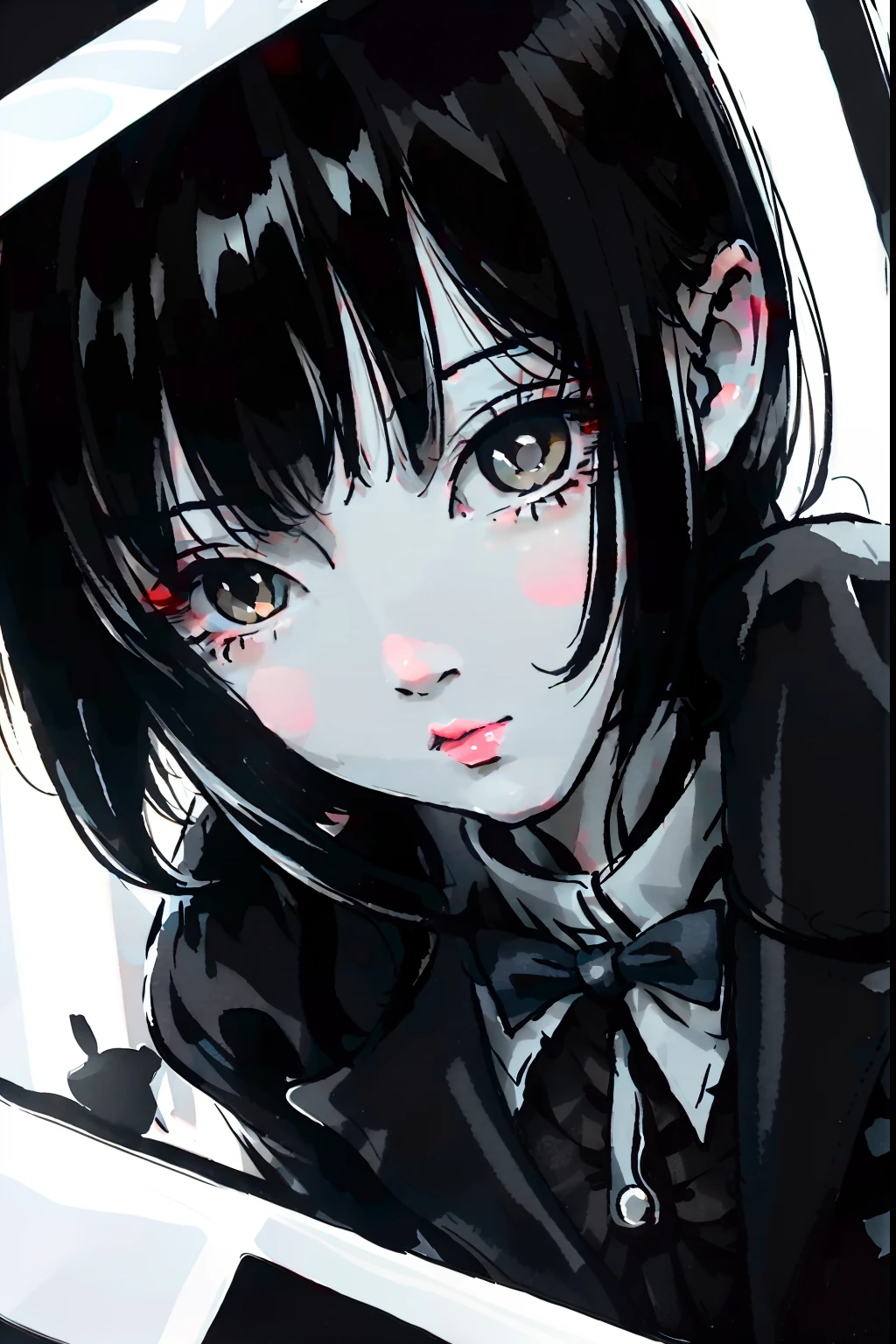 Anime girl with black hair and bow tie looking out the window, portrait gapmoe yandere grimdark, akane owari danganronpa, Persona 5 WLOP Art Style, detailed portrait of anime girl, Persona 5 Art Style, Black and white manga style, zerochan art, yandere intricate, close up of a young anime girl