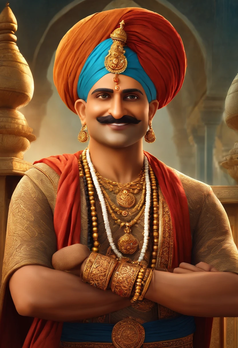 Render Tenali Rama as a charismatic and endearing character with a friendly smile and expressive eyes. BALD TENALI RAMA