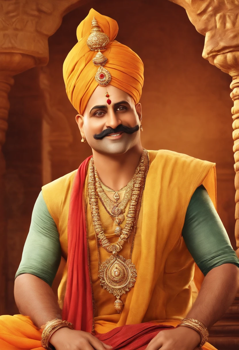 Render Tenali Rama as a charismatic and endearing character with a friendly smile and expressive eyes. BALD TENALI RAMA