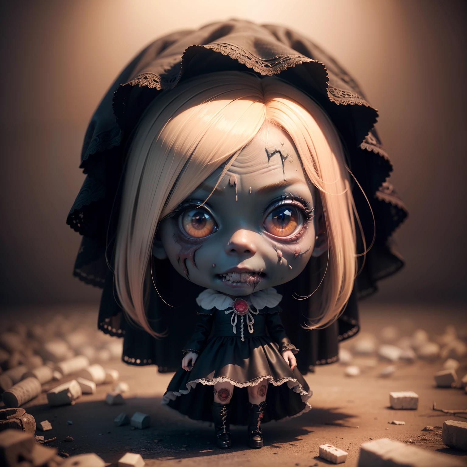 Cute Baby Chibi Anime,(((Chibi 3D))) (8k wallpapers with highly detailed CG units, masutepiece, Best Quality, Ultra-detailed), (The best lighting, Best Shadow), (Perfect and symmetrical surface (((Zombie Woman, rotting skin))), With eyes that reflect the beauty of the world), Attractive, floating, High resolution, Dynamic Angle, Dynamic Pose, graveyard background, Spooky and eerie night.weddingdress、Hair veil(Chibi:1.5)