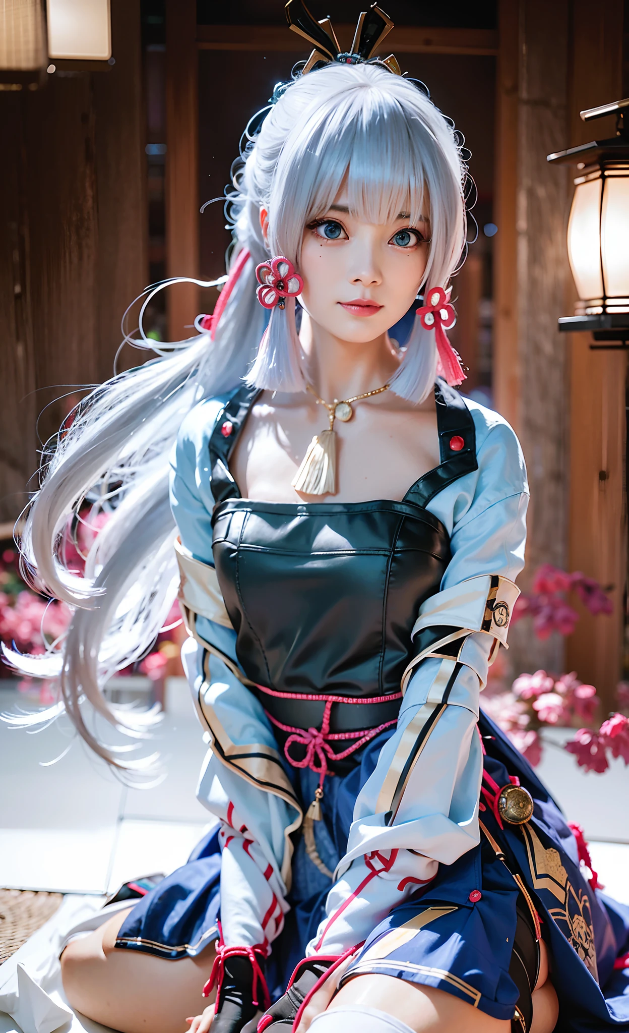 (((Masterpiece))), 4k resolution, Highly detailed, (((Very detailed eyes))), Detailed background, Cinematic lighting, crystal clear eyes, high quality, high resolution, Ultra detail, 8k, Best quality, masterpiece, High resolution, Best quality, 1girl solo, kamisato_ayaka, sitting, from above, looking at the audience, light smile, wading, wet hair, evening, poolside, Japanese onsen