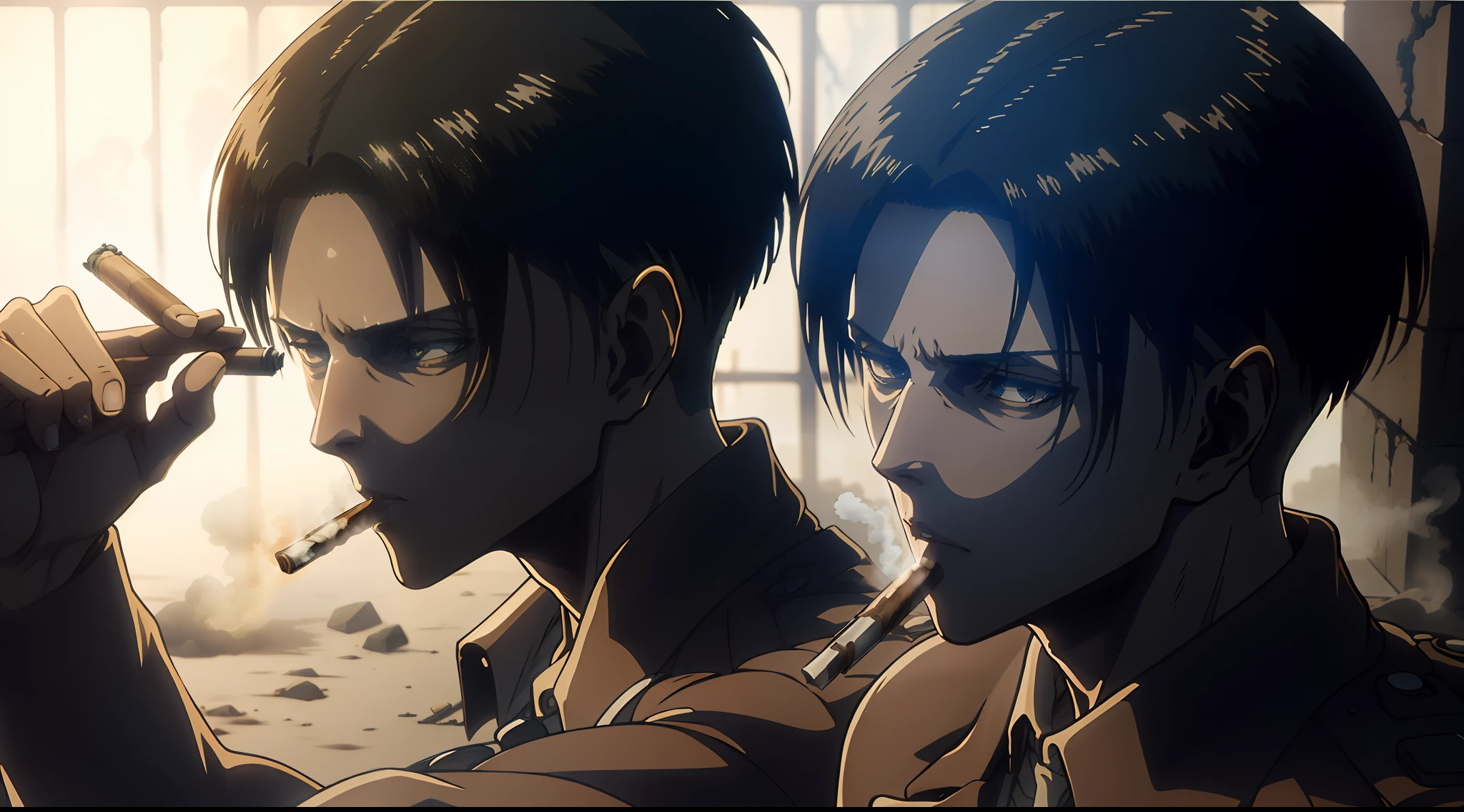 Levi Ackerman de Attack on Titan fumando um cigarro de forma sensual. Single image without duplicating.