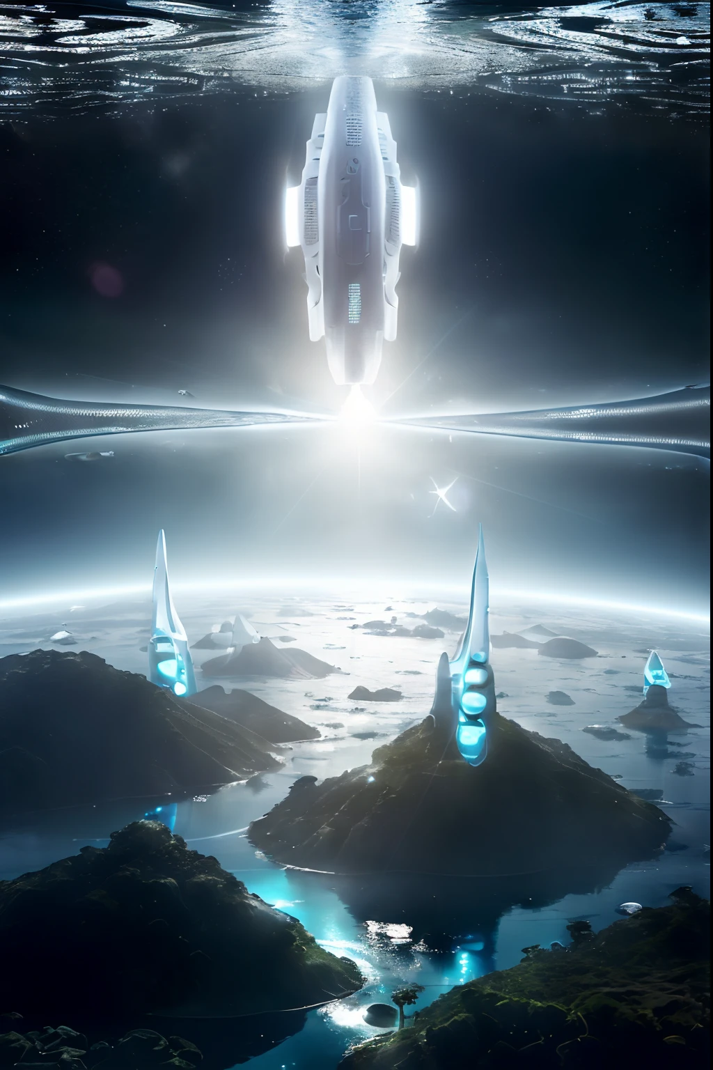 ((debaixo do mar)), ((uma Cidade debaixo, em forma de um nave espacial, a futuristic)) 8k underwater city, estilo de arquitetura moderna, foto realista, foto hiper detalhada, sky clear, cidade arruinada, cyberpunk, chuva