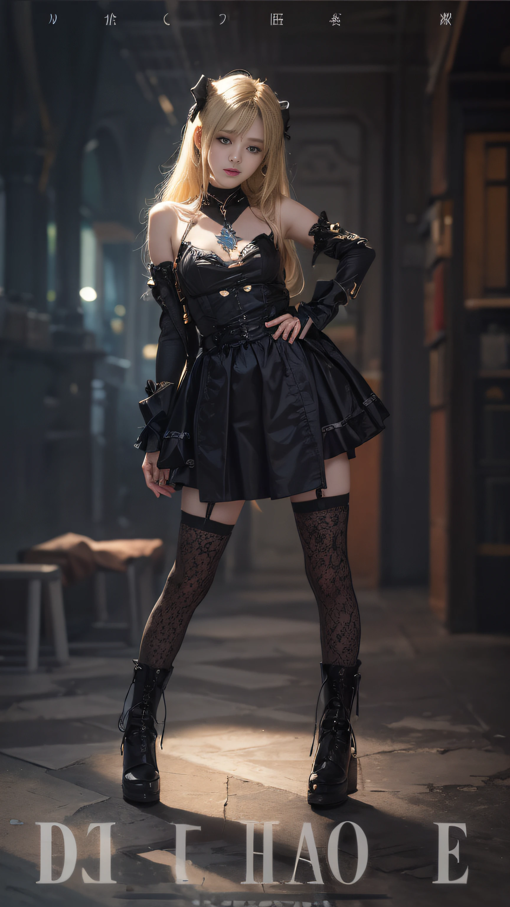 misa amane, Death, Blonde, Twin tail hair, Black Ribon, gothic dress, Short skirt, no sleeves, 1girll,(Captivating quality:1.4),(True textured skins of the highest quality), Delicate face,Black hair, Gradient Hair, petite body,(perfect bodies:1.1), There is a jewel on the forehead, rimless eyewear, PUPILS SPARKLING,long eyelasher,grin, hyperphotorealism, Cinematic lighting, projected inset, surrealism, hyper HD, masutepiece, 16 K,Lie down,Dream On,Please wear clear silk pajamas,Carmelto,legs slightly open,tattooed,Fantasy space,Luxurious space