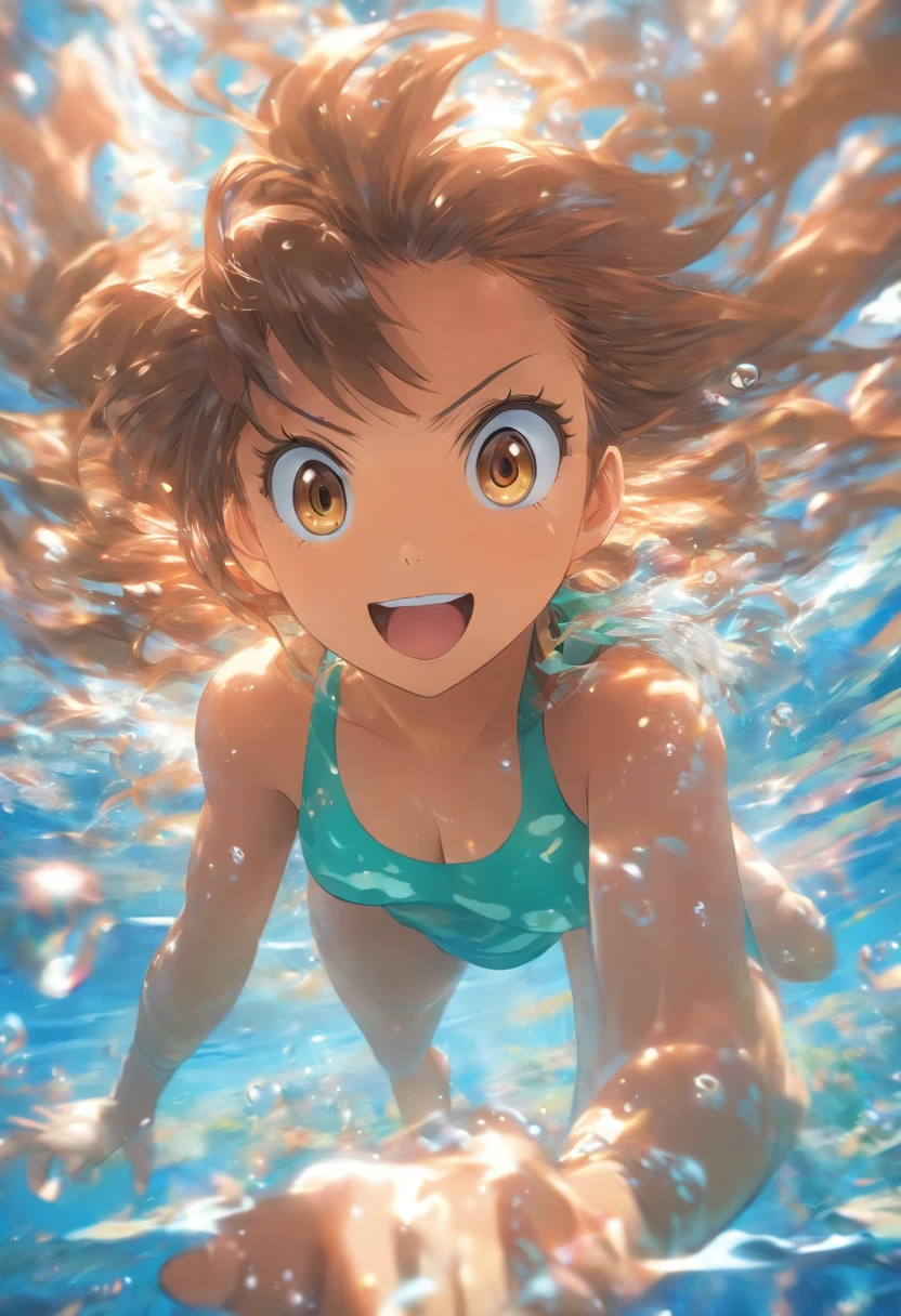 foreshortening, depth of fields, masutepiece, Best Quality, 1girl in, Brown hair, Brown eyes, Long hair, under the water, Air bubble, Solo, Looking at Viewer, School Swimsuit, Swimming, Dappled sunlight,