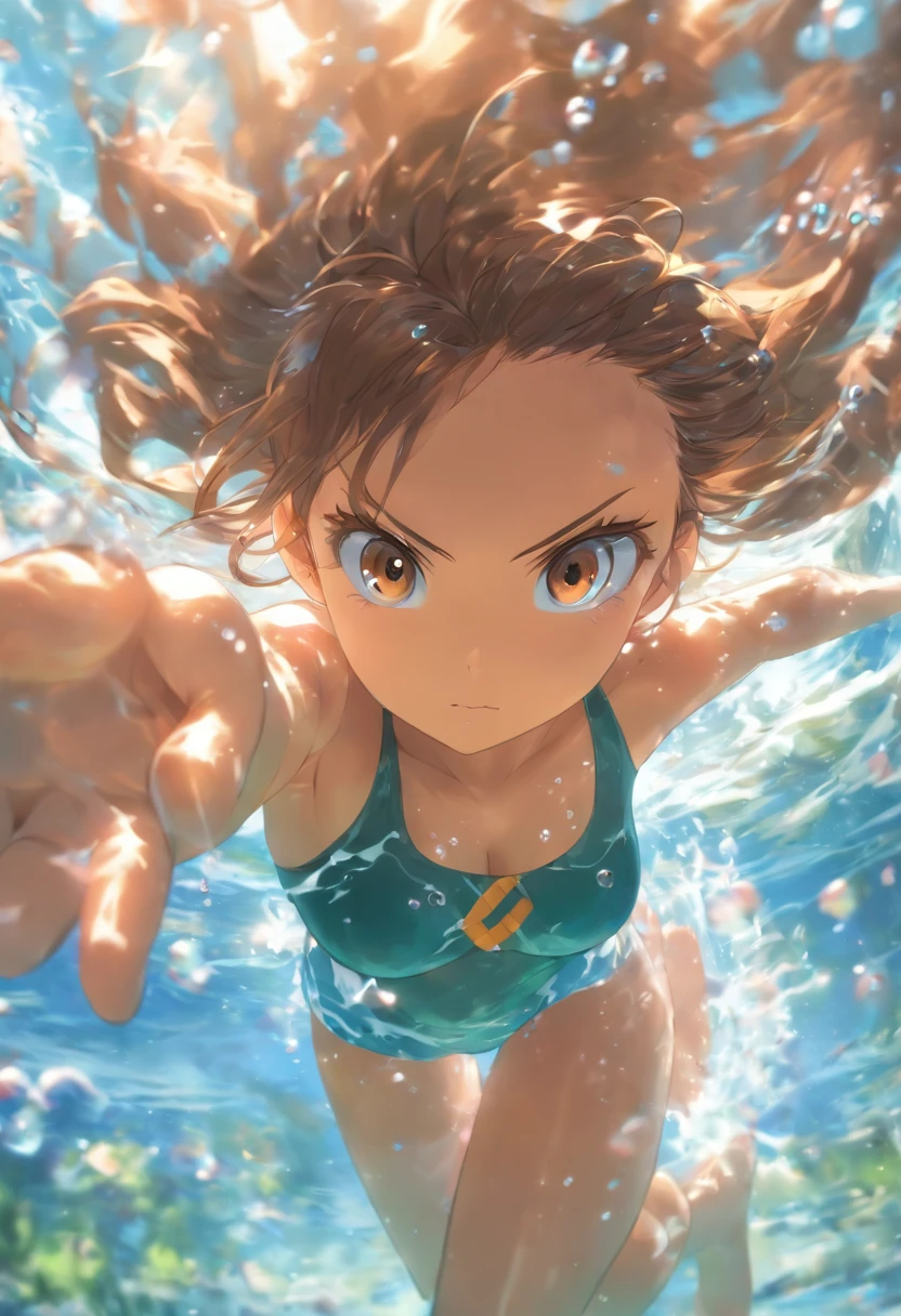 foreshortening, depth of fields, masutepiece, Best Quality, 1girl in, Brown hair, Brown eyes, Long hair, under the water, Air bubble, Solo, Looking at Viewer, School Swimsuit, Swimming, Dappled sunlight,