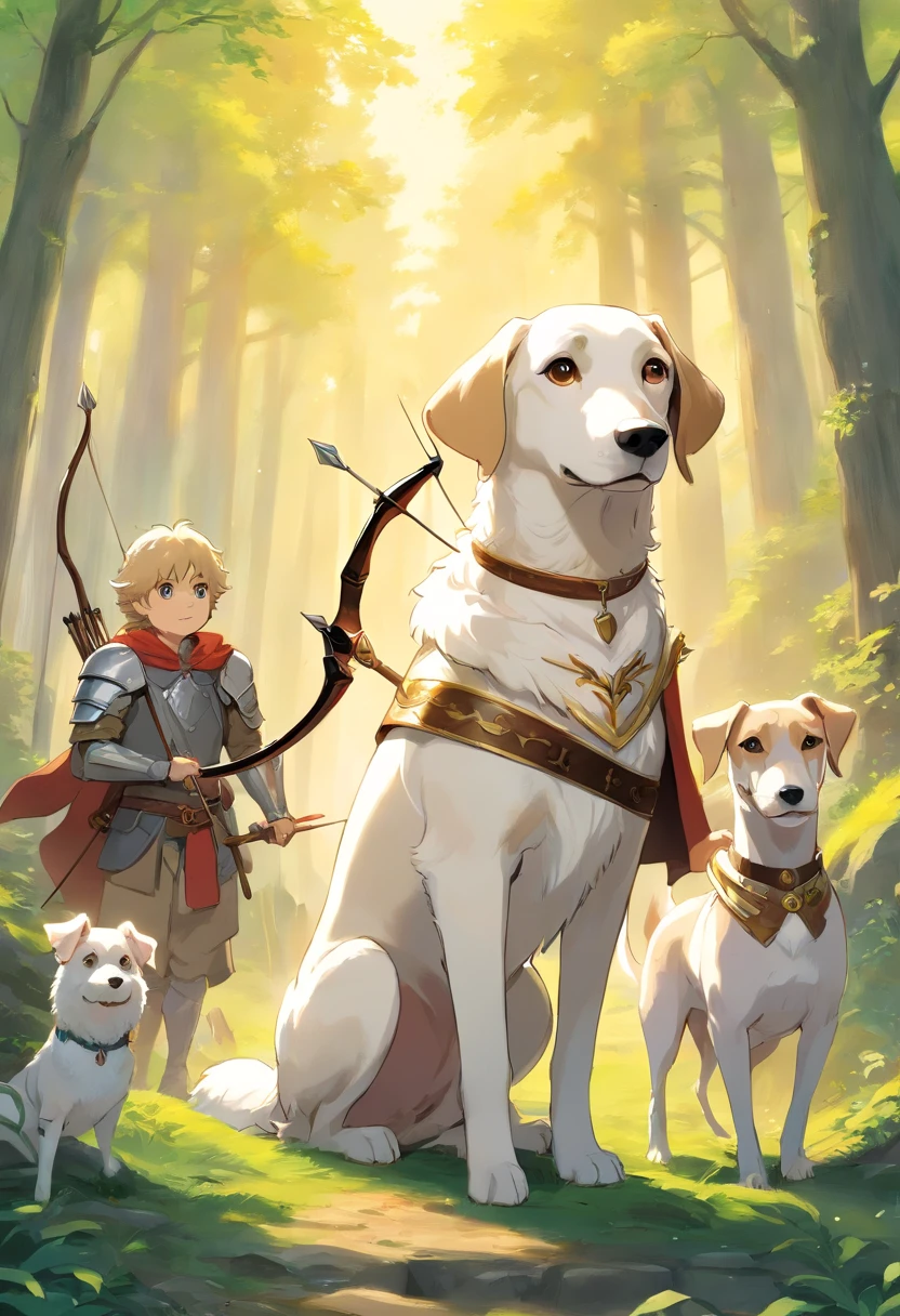 Fantasy lord of the rings style. Three dogs looking towards the front: one a big fluffy labrador retriever with white fur, a greyhound carrying bow and arrow, and a small Yorkshire Terrier wearing armour