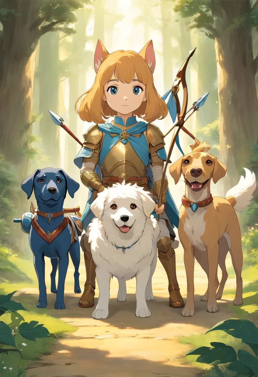 Fantasy lord of the rings style. Three dogs looking towards the front: one a big fluffy labrador retriever with white fur, a greyhound carrying bow and arrow, and a small Yorkshire Terrier wearing armour