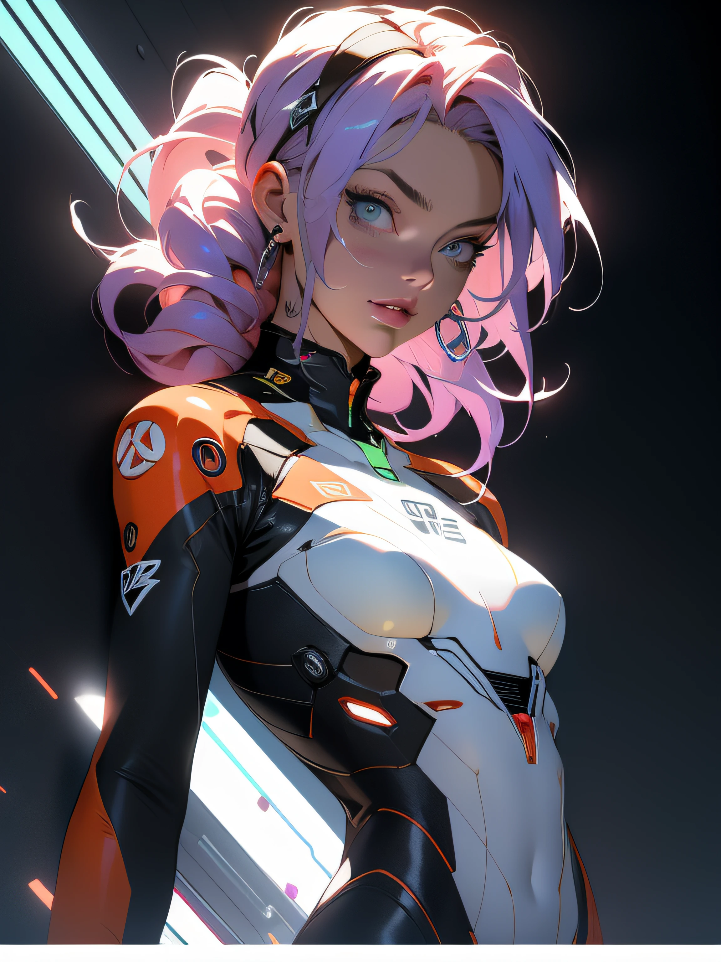 ((best qualtiy)), ((tmasterpiece)), (A detailed: 1.4), (absurderes), 35 year old adult woman with Simon Beasley style miniature thong, Genesis Evangelion neon style costume, 2 piece clothes, Colored pink hair, tattoos on the arms, cybernetic hand, downy, at centre, Scale to fit the dimensions, HDR(HighDynamicRange), Ray traching,NVIDIA RTX,Hyper-Resolution,Unreal 5,Subsurface dispersion, PBR textures, Post-processing, Anisotropic filtering, depth of fields, Maximum clarity and sharpness, Many-Layer Textures, Albedo e mapas Speculares, Surface Coloring, Accurately simulate light-material interactions, perfectly proportions, rendering by octane, twotonelighting, largeaperture, Low ISO, White balance, trichotomy, 8K RAW, Crysisnano set