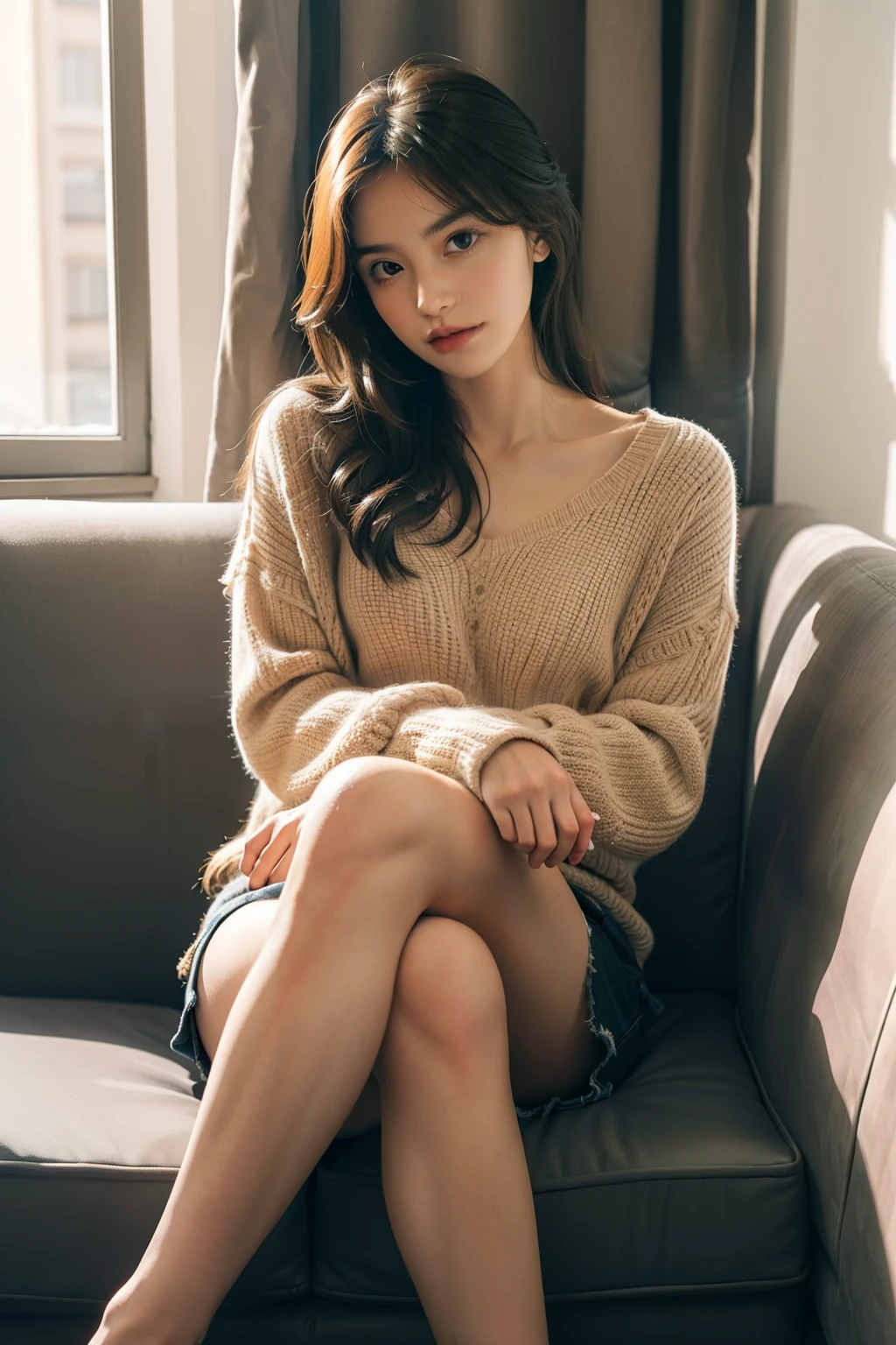 1girl,sitting on a cozy couch,crossing legs,soft light