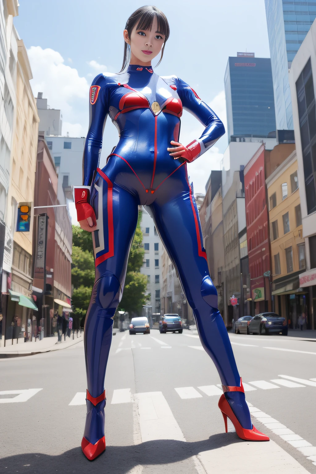 best qualtiy、masutepiece、超A high resolution、(Photorealistic:1.4)、GTSGiga、From below、infp young woman、modeled、small head、a small face、long legged、Glossy luxury latex、(Ultraman's Bodysuit:1.4)、high-heels、(Full body:1.2)、(Thin eyebrows:0.2)、(thin lipss:0.8)、(small nose:0.8)、Appearance without makeup、Smile big、(Small butt:0.7)、(small nipple:0.7)、Big breasts、Huge breasts、huge-breasted、(the perfect body:1.7)、Urban background、By Michelangelo、ulzzang -6500-v1.1