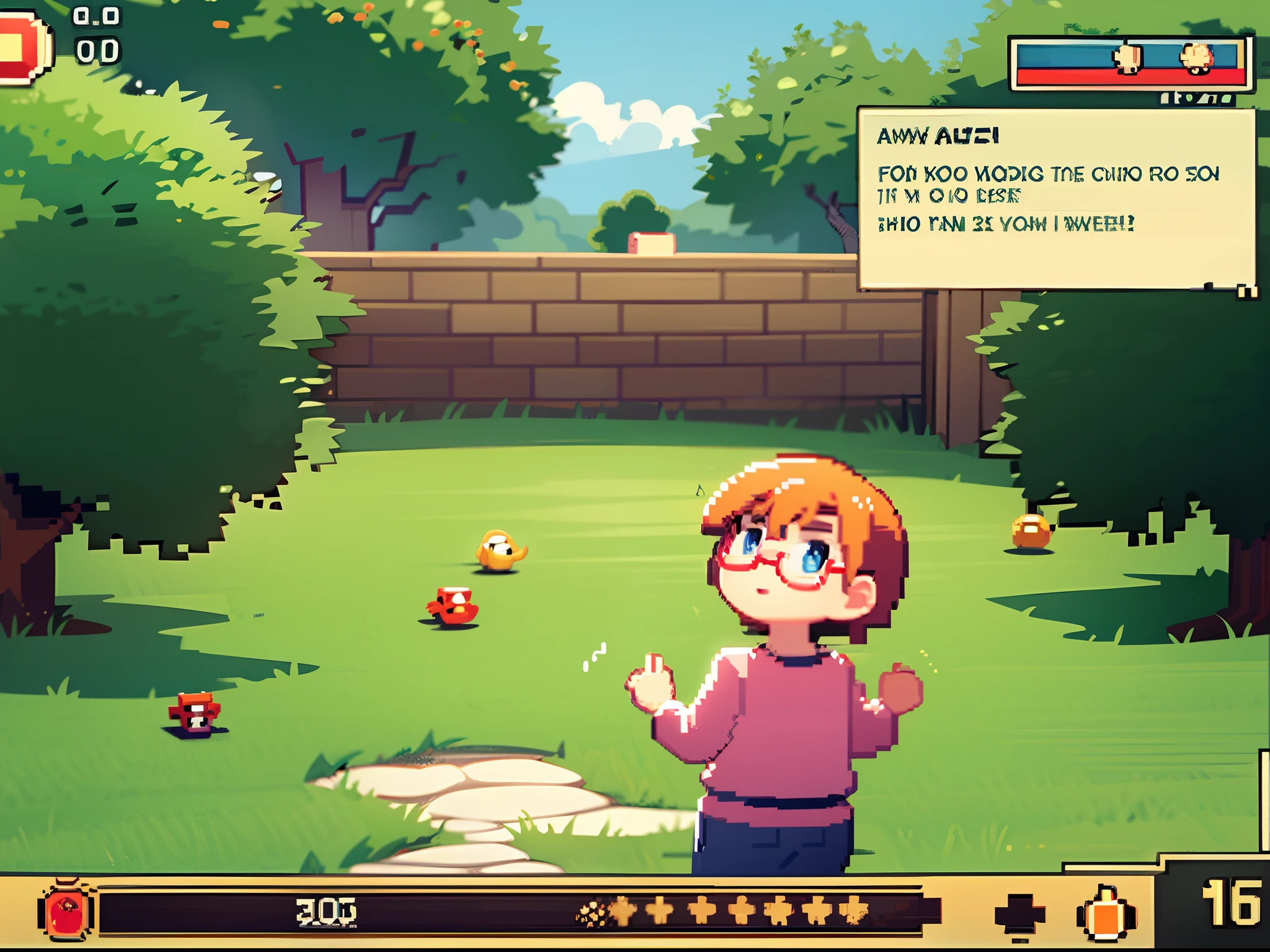Pixel art,16bit, 24colors, pixelated game screens, 1girl, green short hair, red glasses, kawaii, chibi, tiny, big head, cute atmosphere, children's games, Casual games, fusion puzzle games,