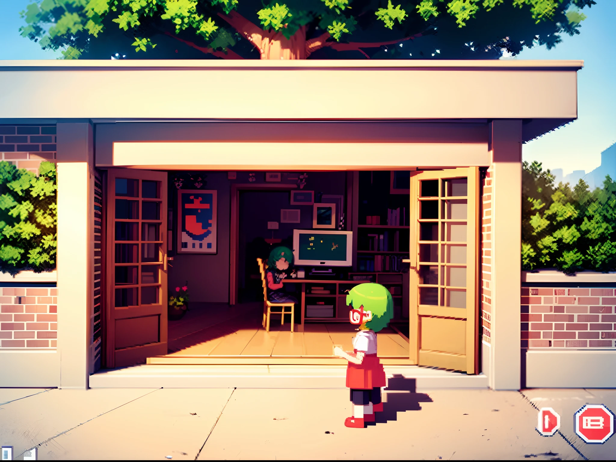 Pixel art,16bit, 24colors, pixelated game screens, 1girl, green short hair, red glasses, kawaii, chibi, tiny, big head, cute atmosphere, children's games, Casual games, fusion puzzle games,