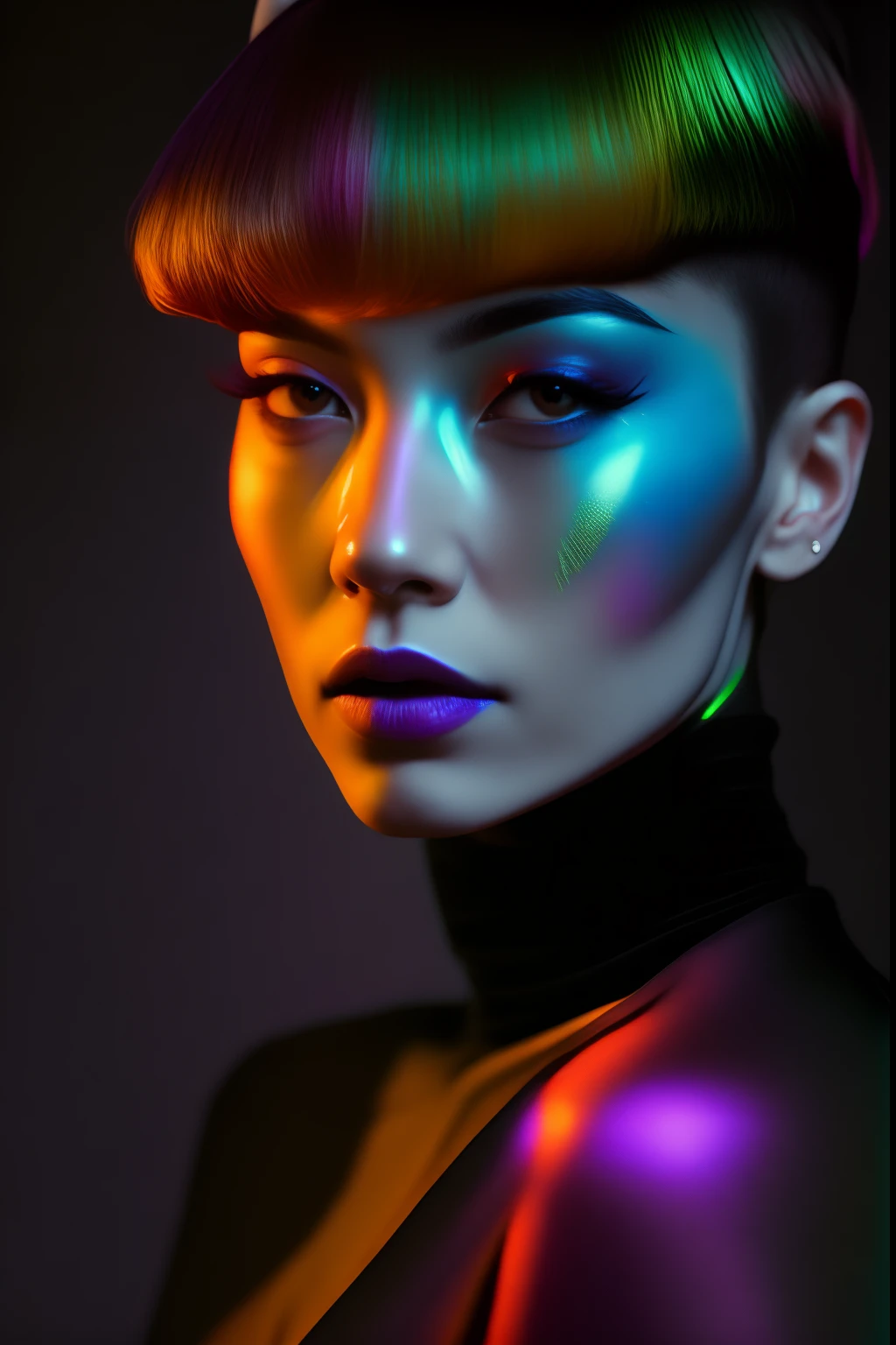 35mm, neon, analog photo, dynamic lighting, chiaroscuro, hiper realismo, luminismo, HD, muito detalhado. Colorful gradients. Gradient glow. Avant-garde makeup. Orange-violet-green lights. Woman’s skin is multi-colored in a beautiful glow. Gradients on face. Gradient lights on skin. Light bloom. Black background. Haze. Ugly woman in bodysuit with tiger skin pattern. Awkward look. Tiger fur on cloth. Very small black hat. Very short hair. Pale blue skin. Long neck. Thin hose. Wide-set eyes. Half turn. Darkness. Mood. Haze. Model. Avantgarde makeup. Head tilt. Eye contact. Blue eyes. Beautiful glow. Very small black coif. Slim. A lot of space. Very detailed face. (high detailed skin:1.2). Film grain. Album cover. Magazine cover.