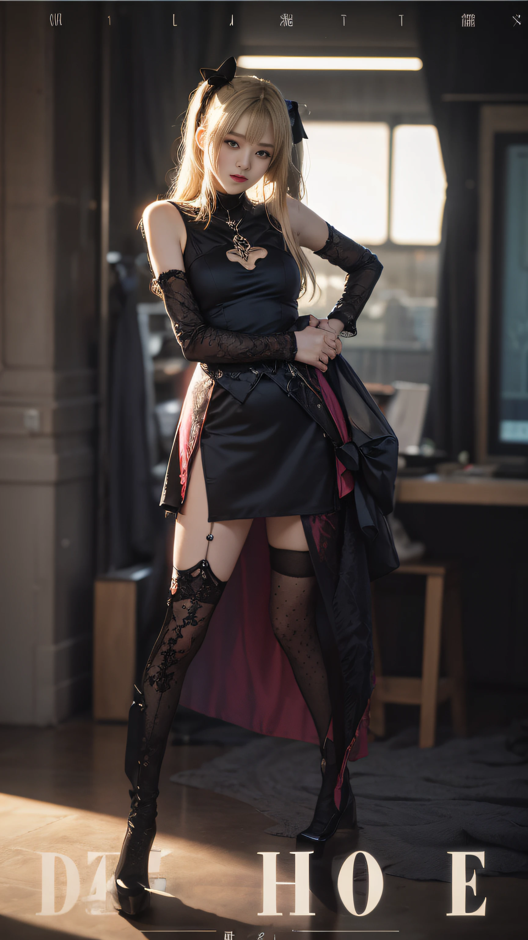 misa amane, Death, Blonde, Twin tail hair, Black Ribon, gothic dress, Short skirt, no sleeves, 1girll,(Captivating quality:1.4),(True textured skins of the highest quality), Delicate face,Black hair, Gradient Hair, petite body,(perfect bodies:1.1), There is a jewel on the forehead, rimless eyewear, PUPILS SPARKLING,long eyelasher,grin, hyperphotorealism, Cinematic lighting, projected inset, surrealism, hyper HD, masutepiece, 16 K,Lie down,Dream On,Please wear clear silk pajamas,Carmelto,legs slightly open,tattooed,Fantasy space,Luxurious space