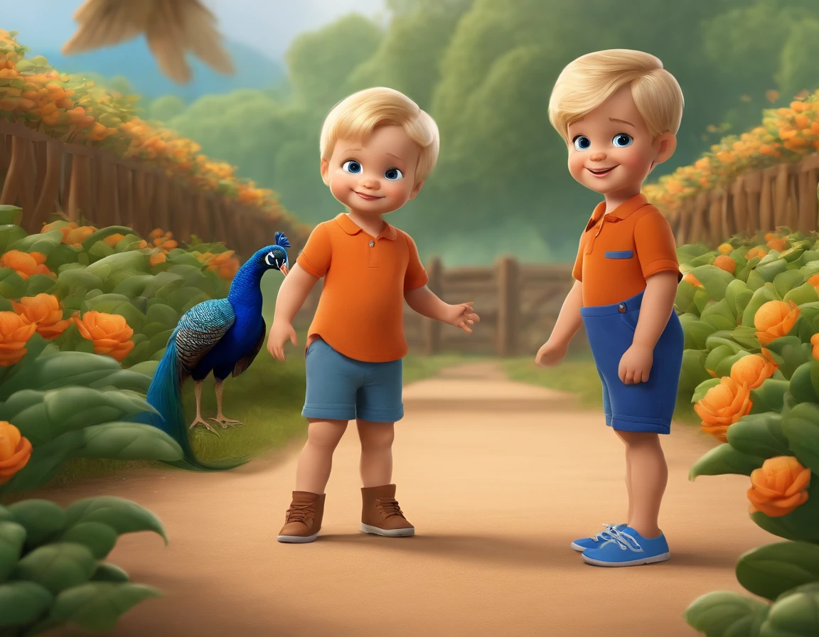 A small two-year-old boy, blond, green-eyed, facing forward, standing, smiling, wearing an orange shirt, blue shorts, blue sneakers, on a farm, surrounded by a blue peacock with its tail open