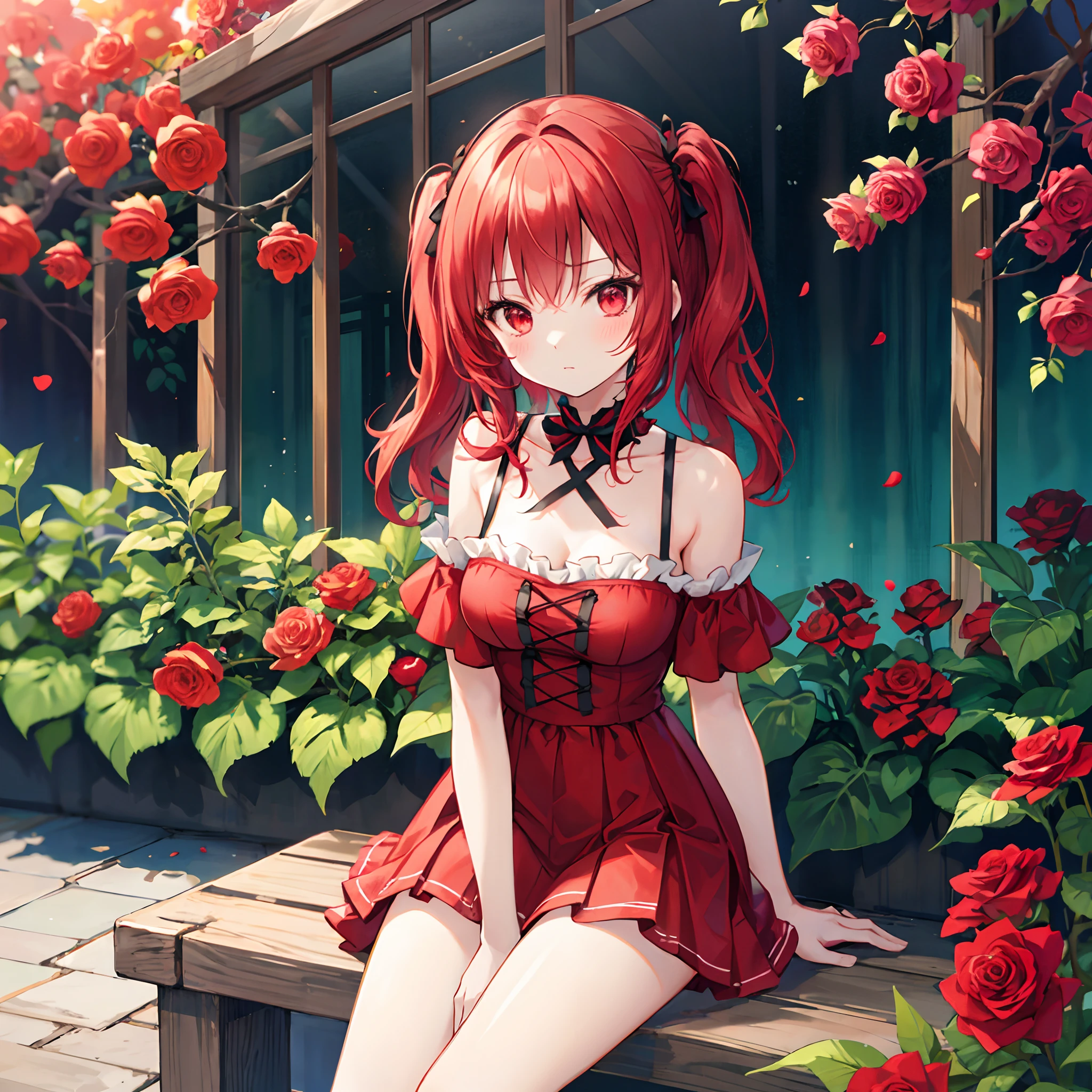 Wavy red hair、red eyes、Beautiful girl alone、Bright red dress、off shoulders、a miniskirt、sitting on、Bright red rose garden
