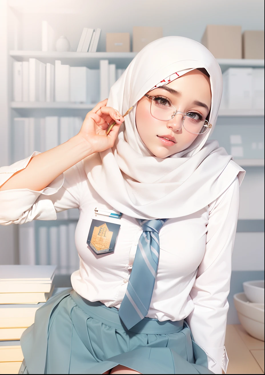 1girl, white hijab, white shirt pencil, necktie, skirt, glasses, realistic, ultra detail,