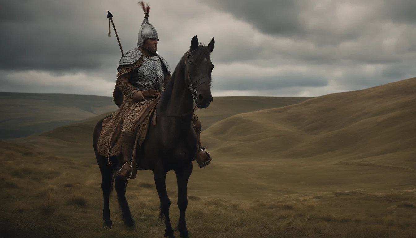 The back of an army dressed in blue，In the distance there is a lord on horseback，with blue sky and white clouds，Medieval view，Fantastical，4K，best qualtiy，primitive，（(Ultra-detailed and high-precision details))