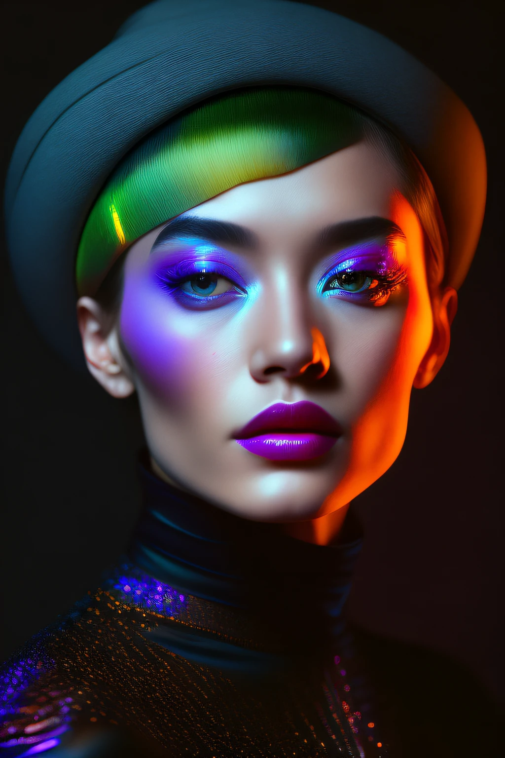 35mm, neon, analog photo, dynamic lighting, chiaroscuro, hiper realismo, luminismo, HD, muito detalhado. Colorful gradients. Gradient glow. Avant-garde makeup. Orange-violet-green lights. Woman’s skin is multi-colored in a beautiful glow. Gradients on face. Gradient lights on skin. Light bloom. Black background. Haze. Ugly woman in bodysuit with tiger skin pattern. Awkward look. Tiger fur on cloth. Very small black hat. Very short hair. Pale blue skin. Long neck. Thin hose. Wide-set eyes. Half turn. Darkness. Mood. Haze. Model. Avantgarde makeup. Head tilt. Eye contact. Blue eyes. Beautiful glow. Very small black coif. Slim. A lot of space. Very detailed face. (high detailed skin:1.2). Film grain. Album cover. Magazine cover.