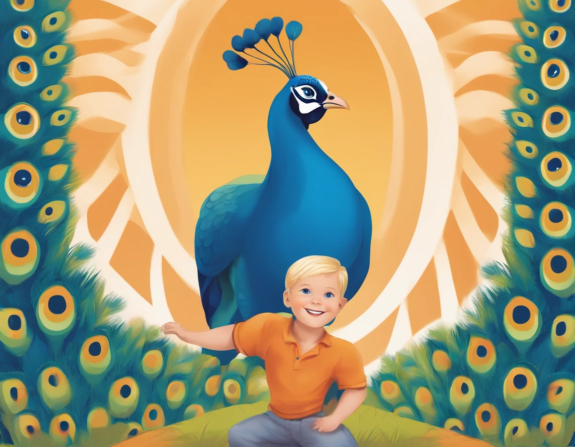 A small two-year-old boy, blond, green-eyed, facing forward, standing, smiling, wearing an orange shirt, blue shorts, blue sneakers, on a farm, surrounded by a blue peacock with its tail open. The image features simple lines, like an illustration for a children's book