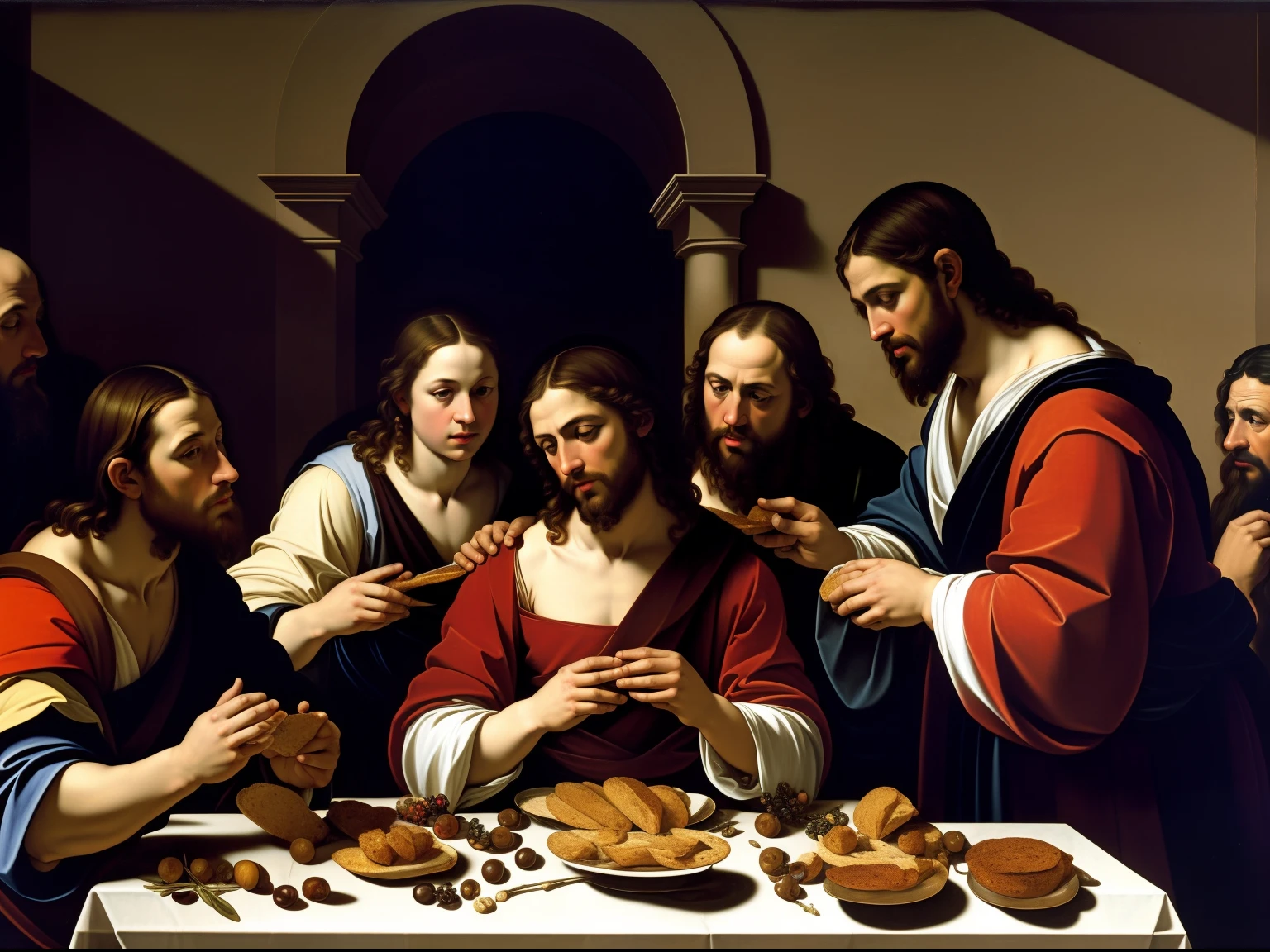 Painting of Jesus of a group of people eating bread, Directed by: Gillis Rombouts, estilo caravaggio, Directed by: Abraham de Calraet, estilo caravaggio, by Michelangelo Merisi da Caravaggio, em estilo caravaggio, por caravaggio, Feito no estilo de Caravaggio, inspirado em Gillis Rombouts