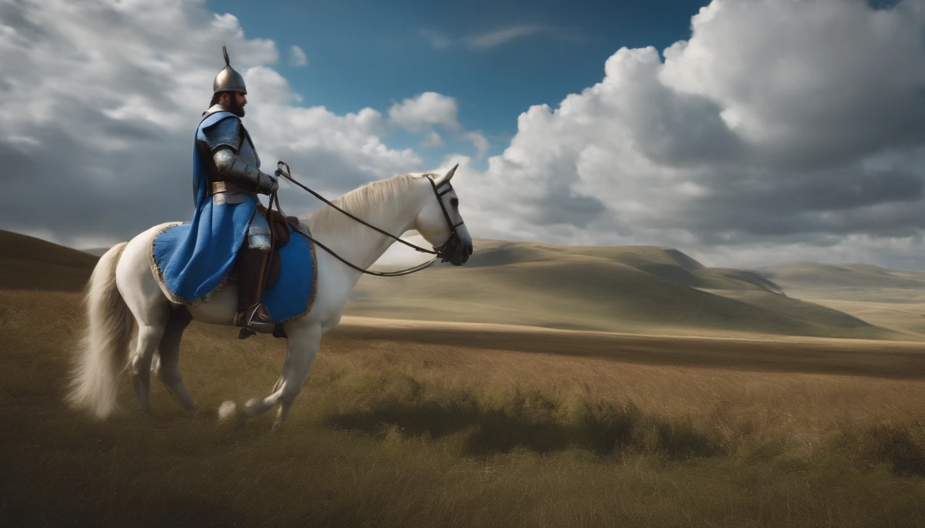 One(blue clothes)The back of the army,In the distance there is a lord on horseback,with blue sky and white clouds,Medieval view,Fantastical,4K,best qualtiy,primitive,((Ultra-detailed and high-precision details))