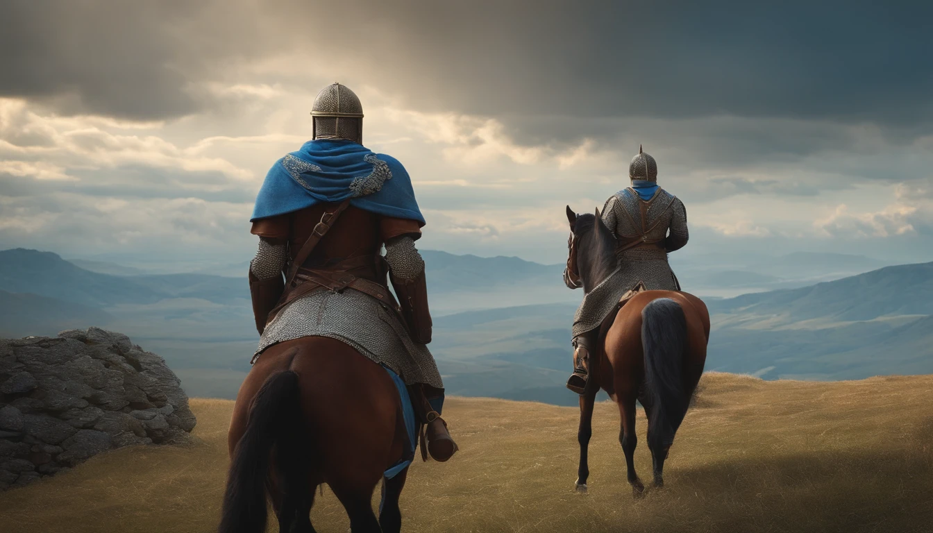 One(blue clothes)The back of the army,In the distance there is a lord on horseback,with blue sky and white clouds,Medieval view,Fantastical,4K,best qualtiy,primitive,((Ultra-detailed and high-precision details))