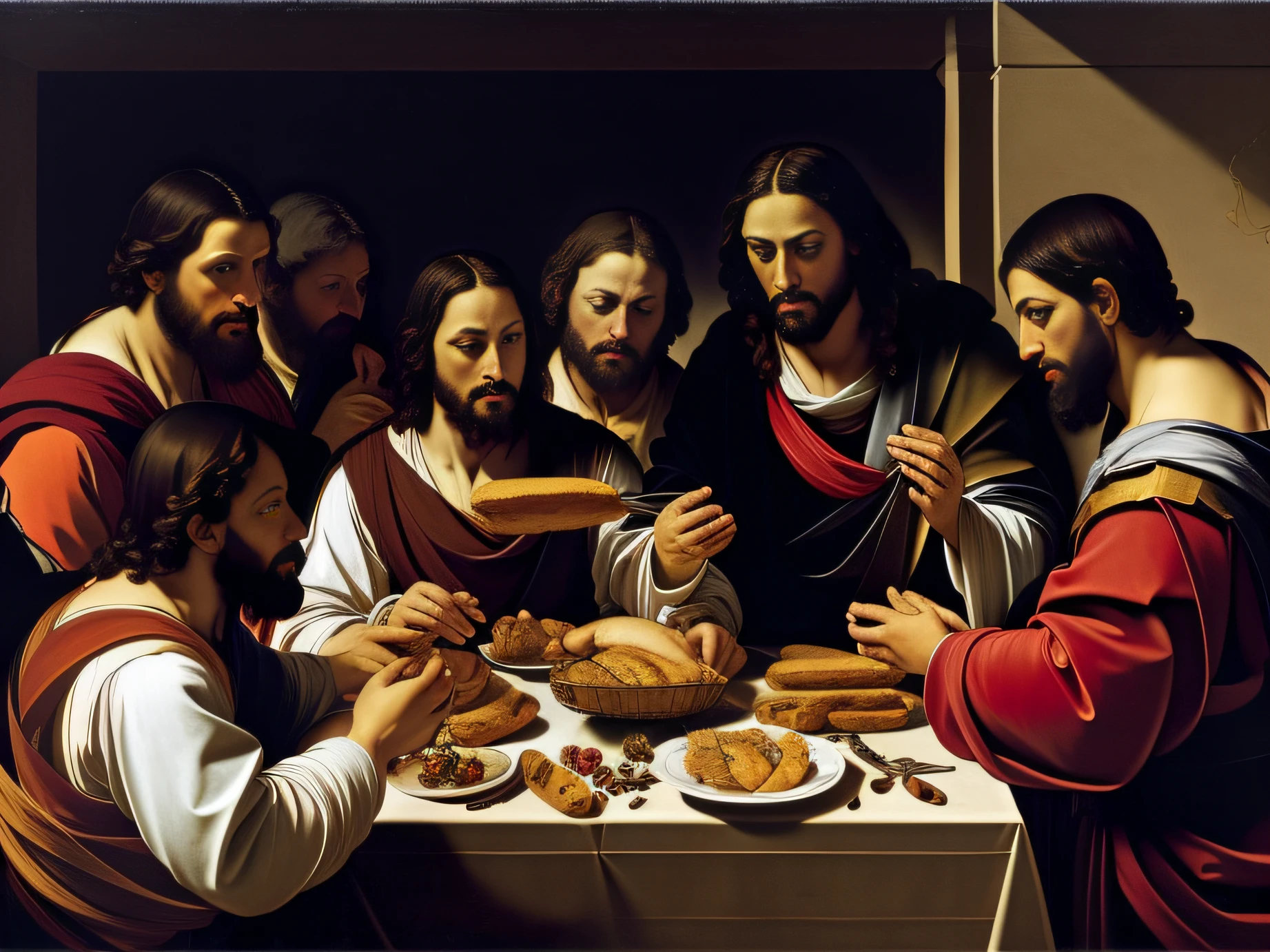 Painting of Jesus of a group of people eating bread, Directed by: Gillis Rombouts, estilo caravaggio, Directed by: Abraham de Calraet, estilo caravaggio, by Michelangelo Merisi da Caravaggio, em estilo caravaggio, por caravaggio, Feito no estilo de Caravaggio, inspirado em Gillis Rombouts