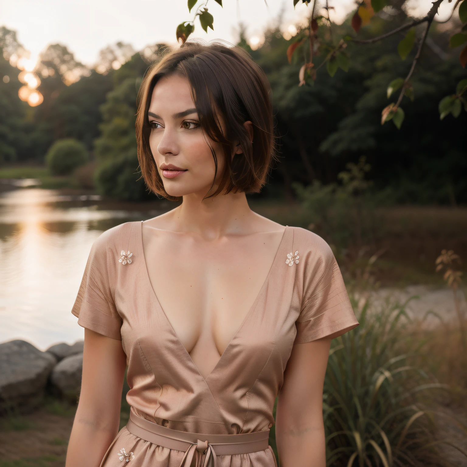 Masterpiece, a beautiful Swedish woman, (high detailed red chinese dress), (small breasts), (perfect body), (short brown hair), outside, (skin texture:1.1), best quality, ultra high res, Raw photo, Nikon D850, backlight, rimlight, bright sunlight, film grain:1.2, (warm hue, warm tone:1.2), (color photo) 32 years old, braless